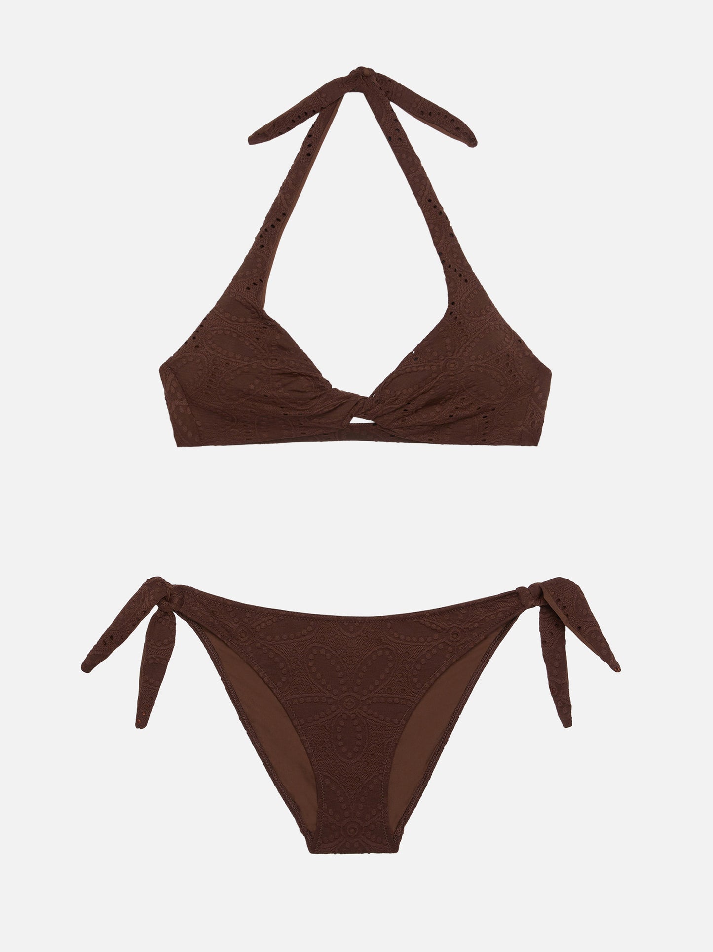 Leda Yali classic triangle bralette bikini in brown sangallo lace