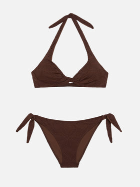Leda Yali classic triangle bralette bikini in brown sangallo lace
