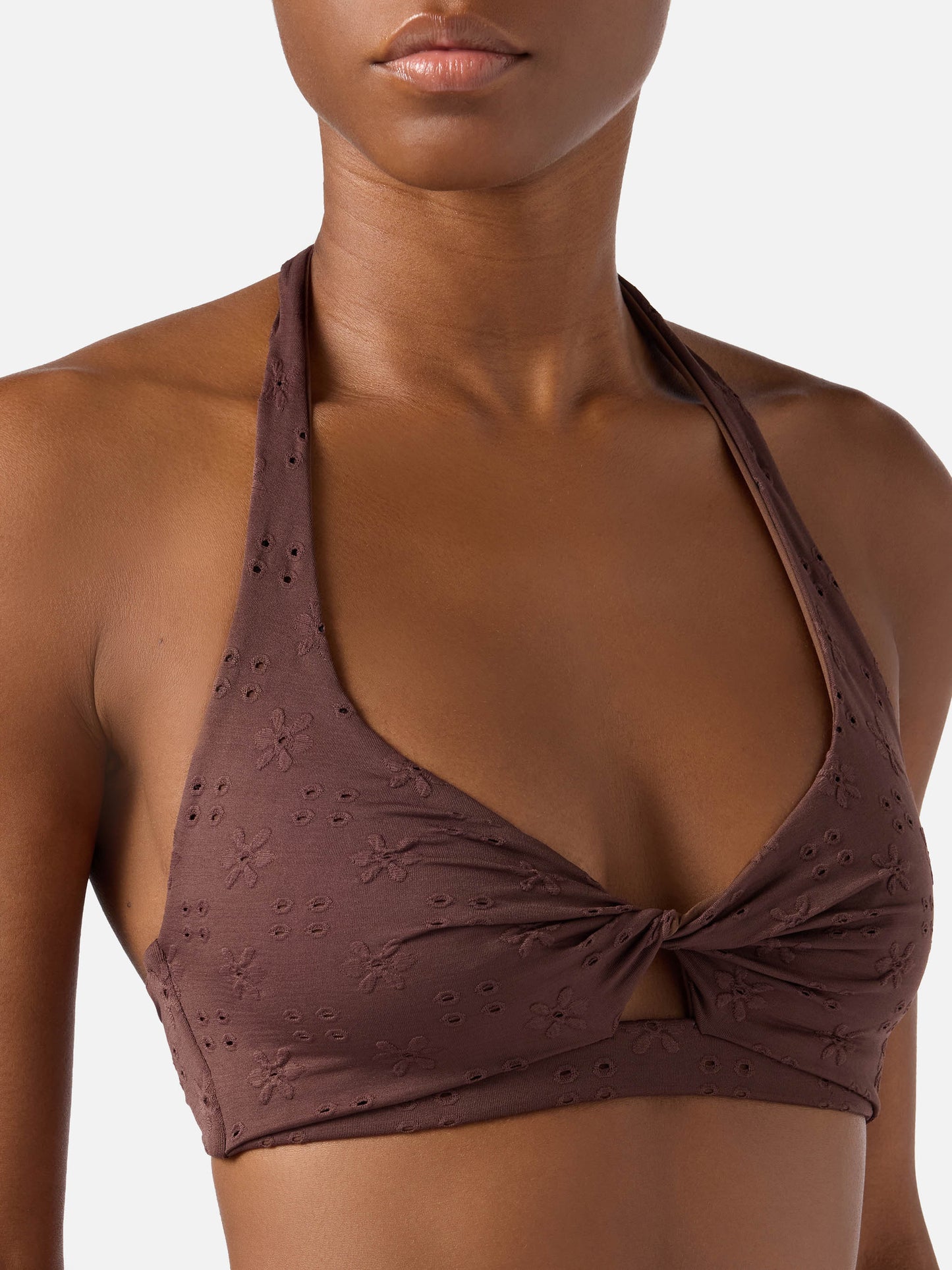 Haut de bikini brassière Leda en sangallo marron avec détail cut-out