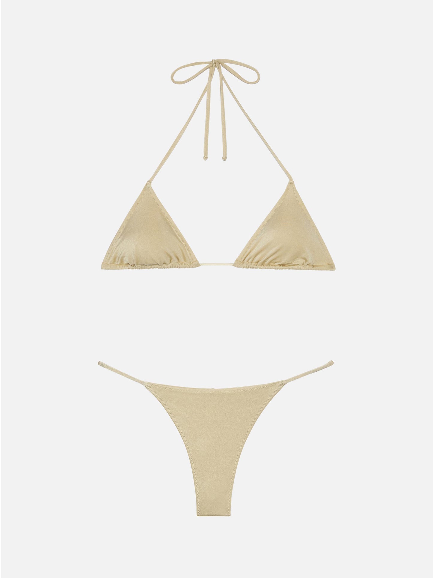 Jodene – Schimmernde, goldene, freche Badehose – Leah – Schimmernder, goldener Badeanzug mit Triangel-Oberteil