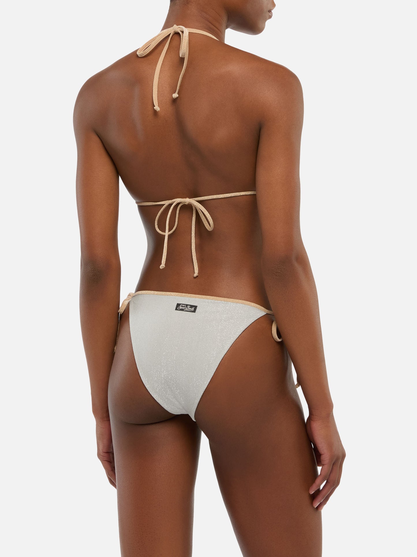 Bikini a trangolo classico Leah Marielle in lurex color argento con profilo oro