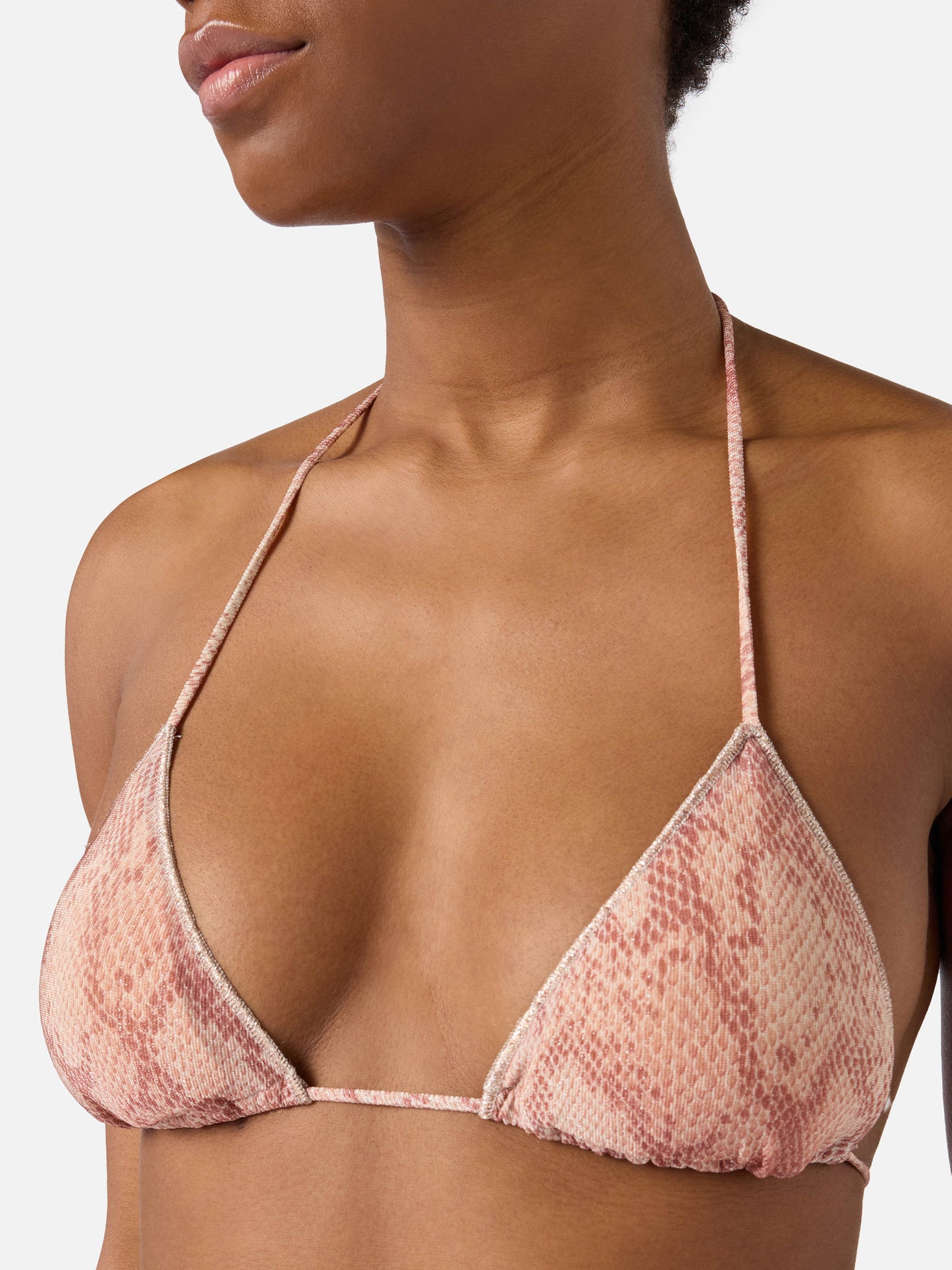 Top bikini Leah Overlock triangolo in lurex con stampa pitonata