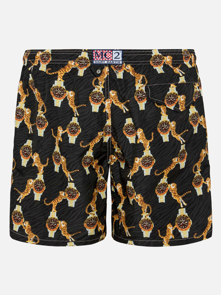 Badeshorts aus leichtem Stoff Lighting mit Uhren- und Tiger-Print