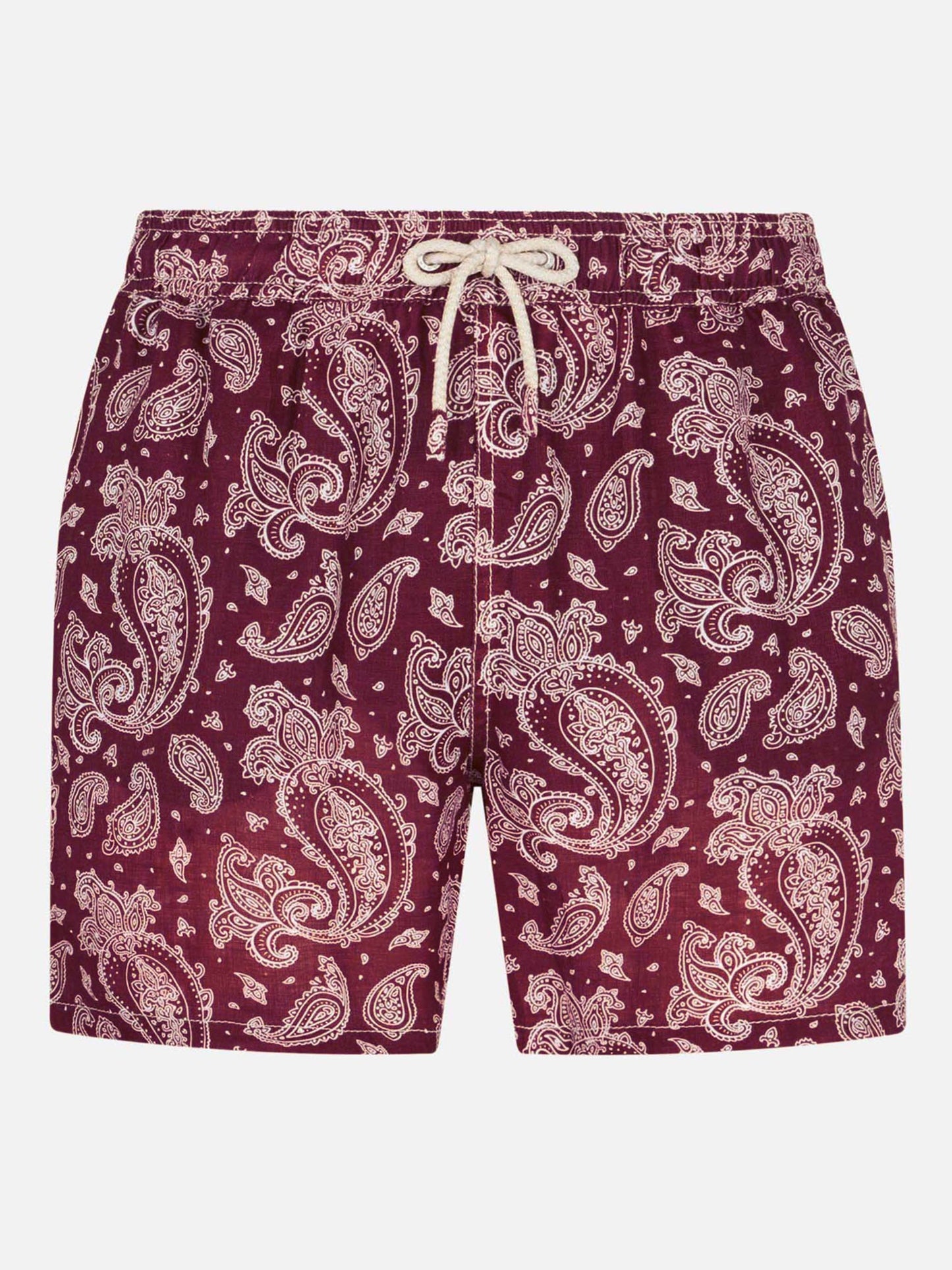 Herren-Badeshorts aus leichtem Stoff mit burgunderrotem Paisley-Print