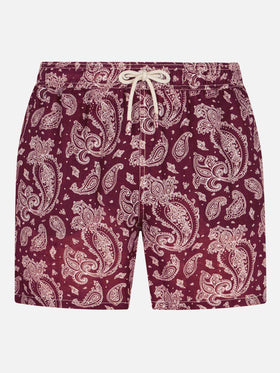 Man light fabric swim shorts with burgundy paisley print