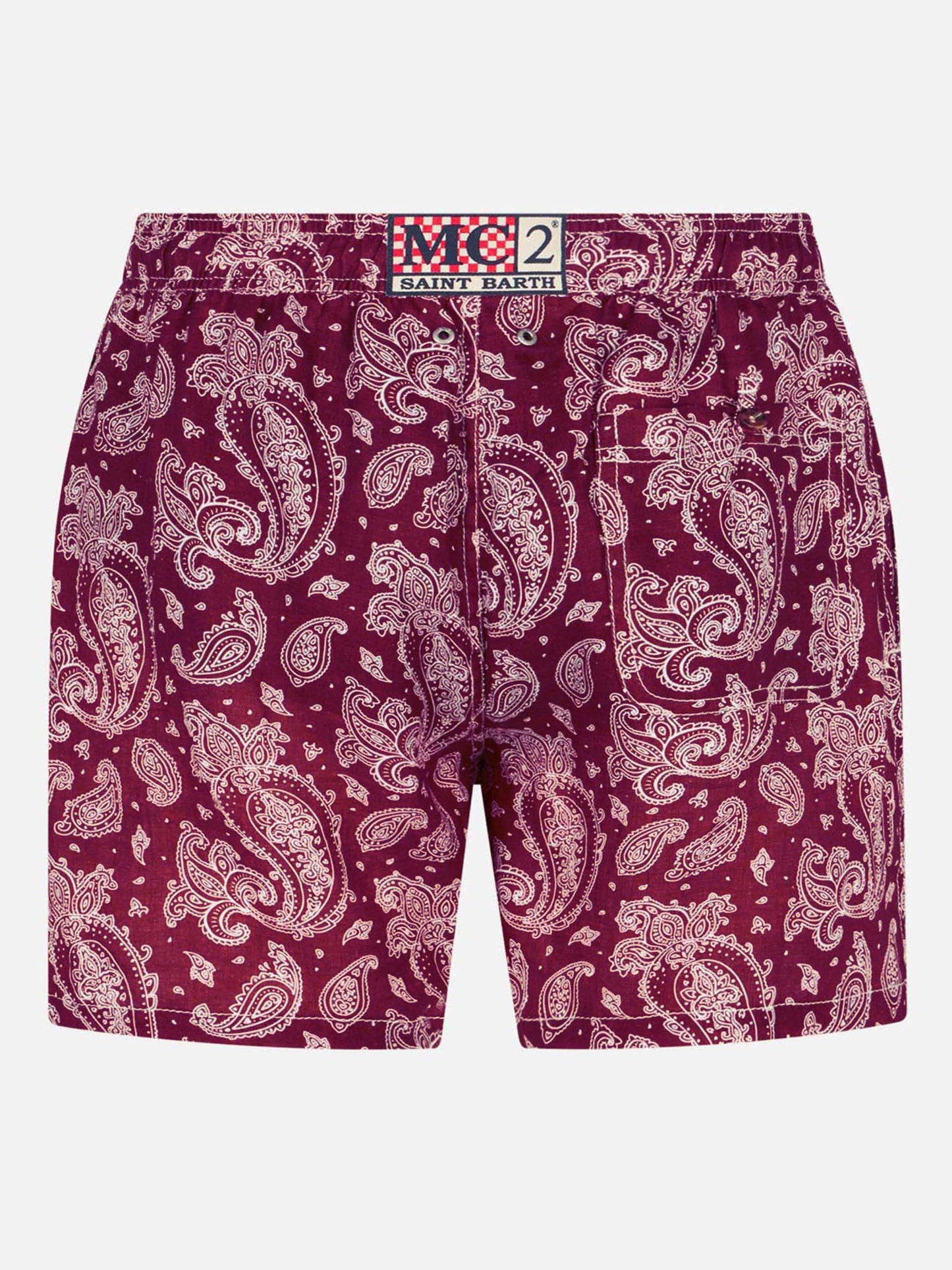 Herren-Badeshorts aus leichtem Stoff mit burgunderrotem Paisley-Print