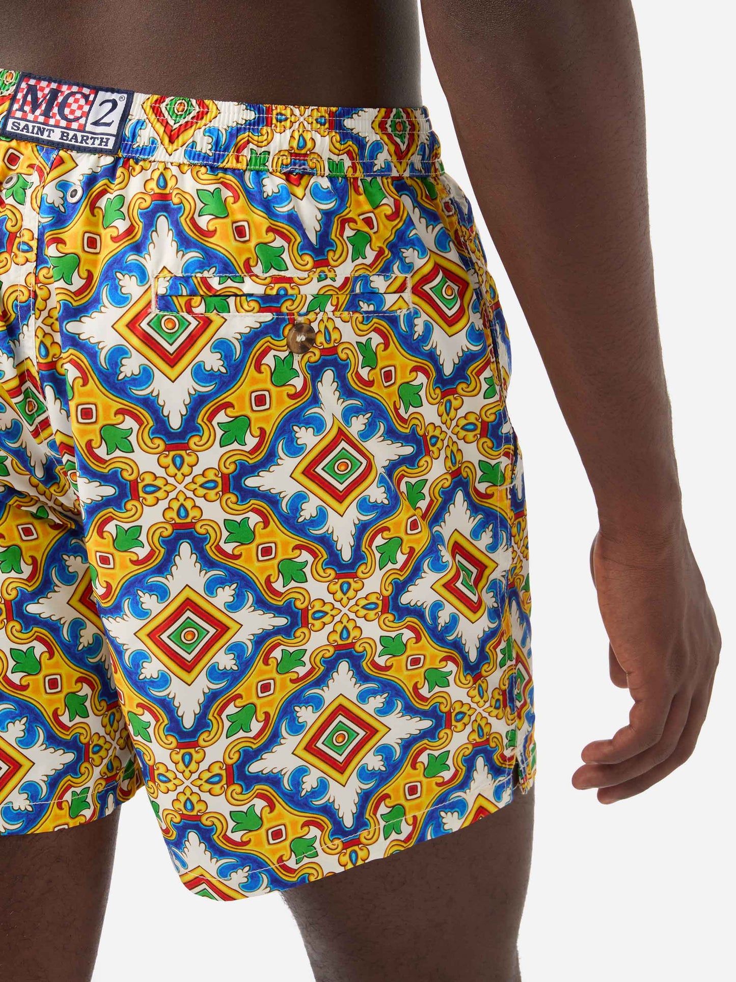 Lighting white multicolor majolica print technical fabric swim shorts