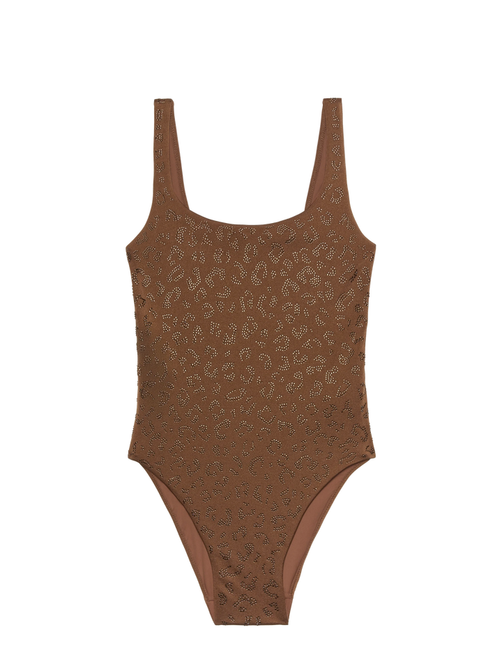 Lora scoopback one-piece swimsuit with rhinestone embellishment