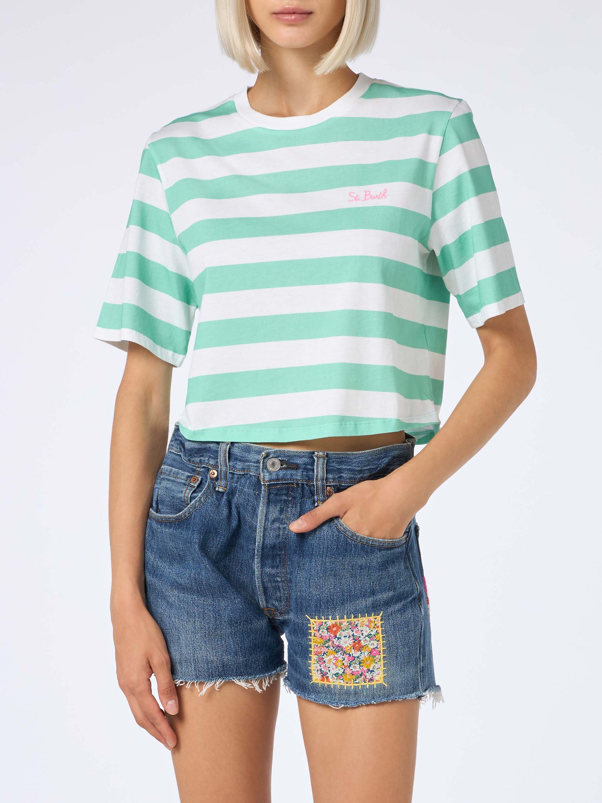 Woman acquamarine and white striped crop t-shirt - MC2 Saint Barth