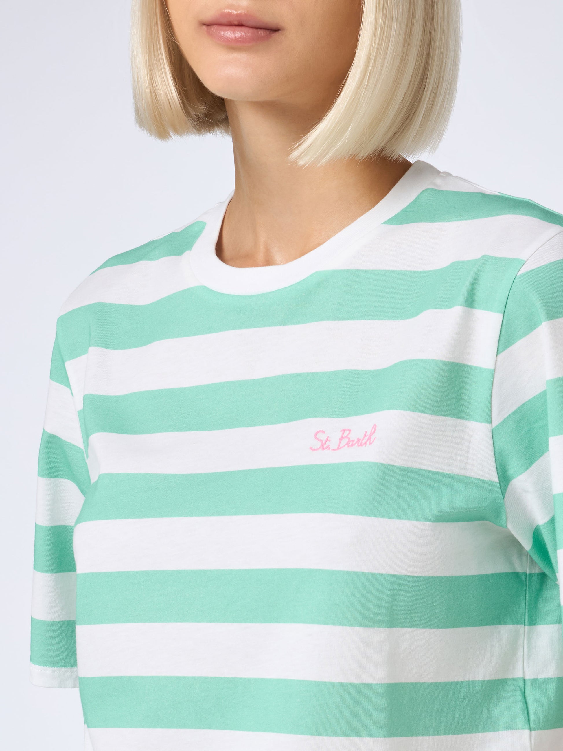 Woman acquamarine and white striped crop t-shirt - MC2 Saint Barth