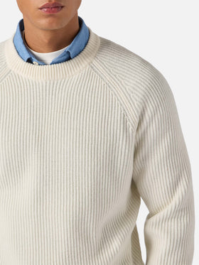 Marine pure-wool sweater in white with English rib knit