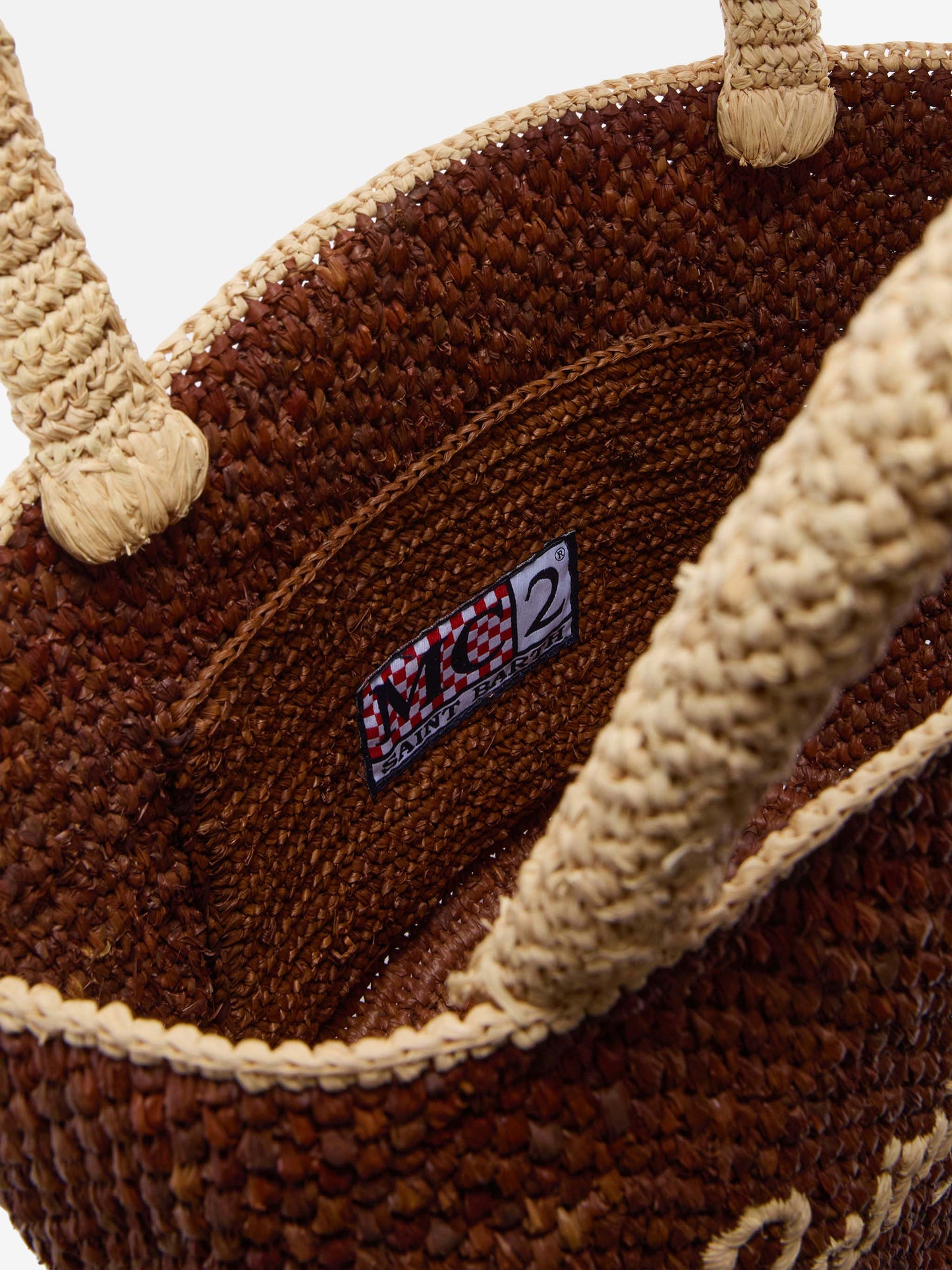 Borsa Marcy in raffia marrone con nappetta e logo ricamato