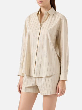 Meredith cotton popeline classic shirt with striped rhinestone embellishment