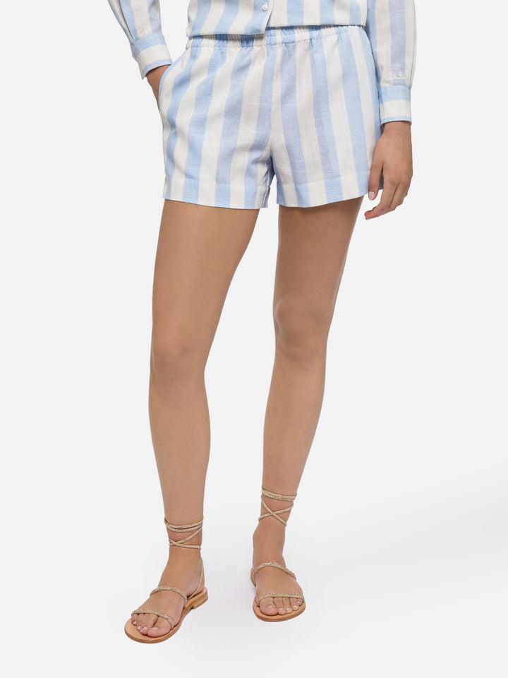 Meave cotton pull up shorts with light blue striped print