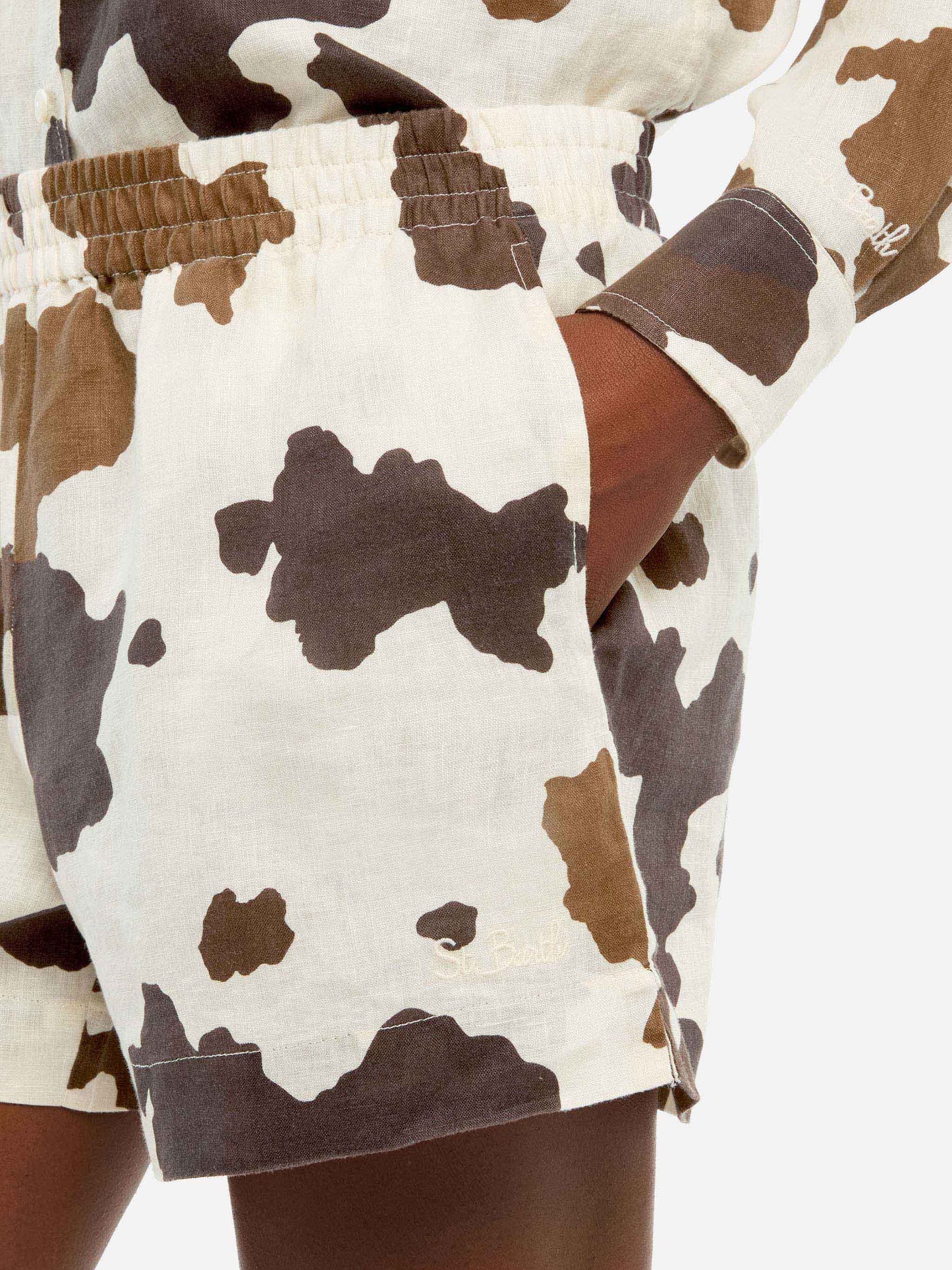 Meave linen pull up shorts with cow skin print