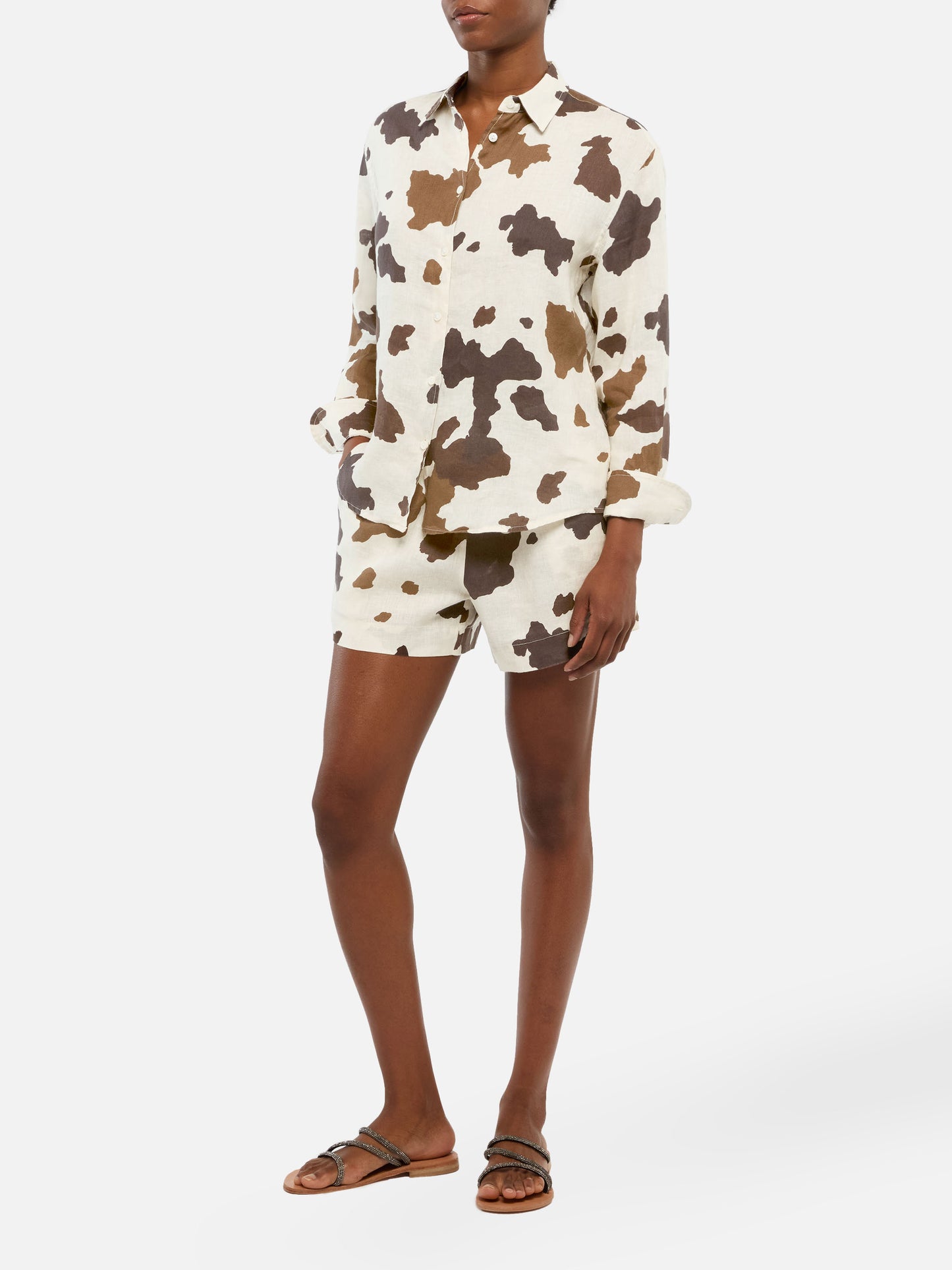 Meave linen pull up shorts with cow skin print