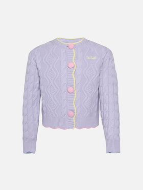 Girl lilac wavy cable knit cardigan Mallery with contrast buttons and details - MC2 Saint Barth