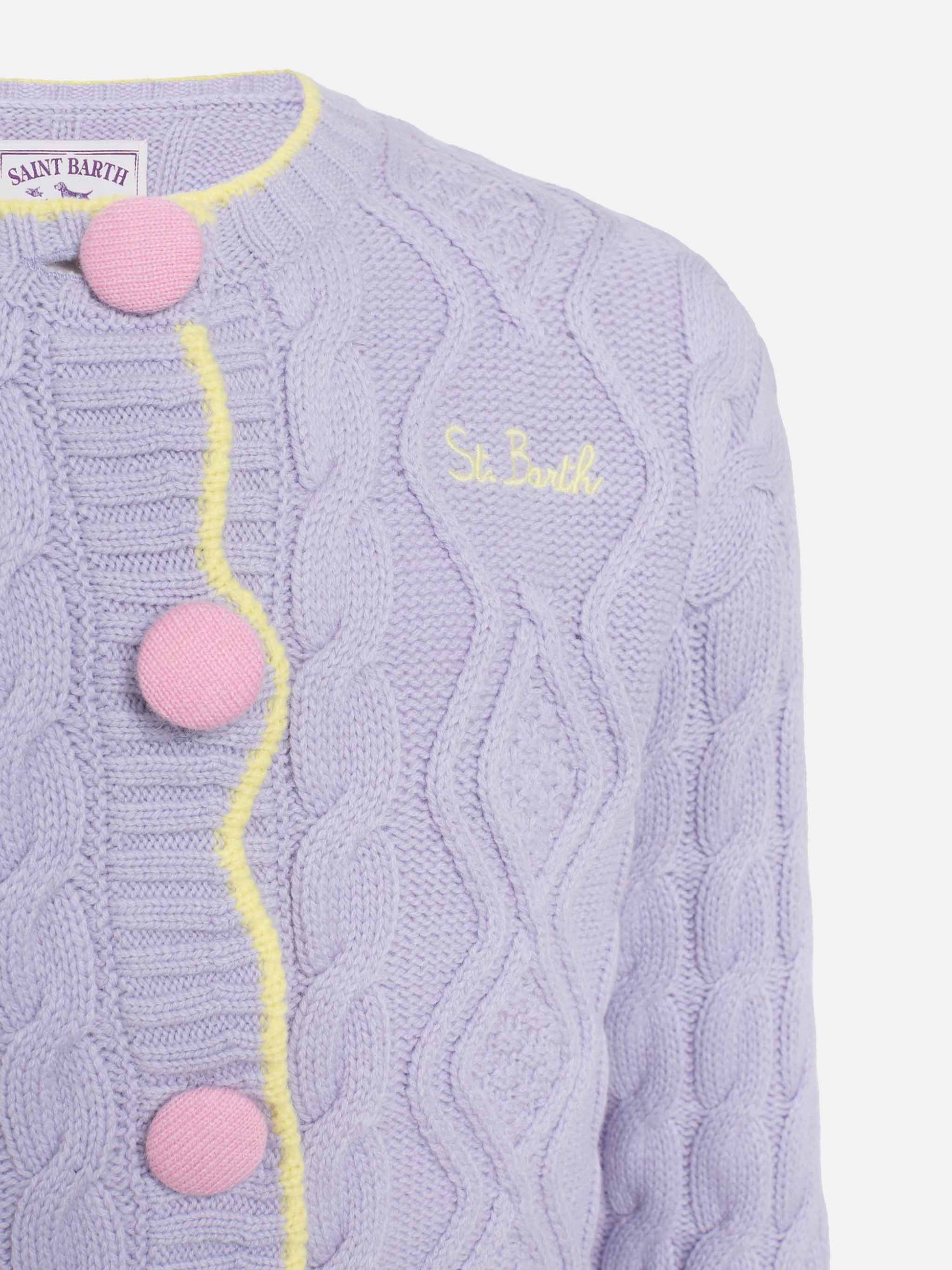 Girl lilac wavy cable knit cardigan Mallery with contrast buttons and details - MC2 Saint Barth