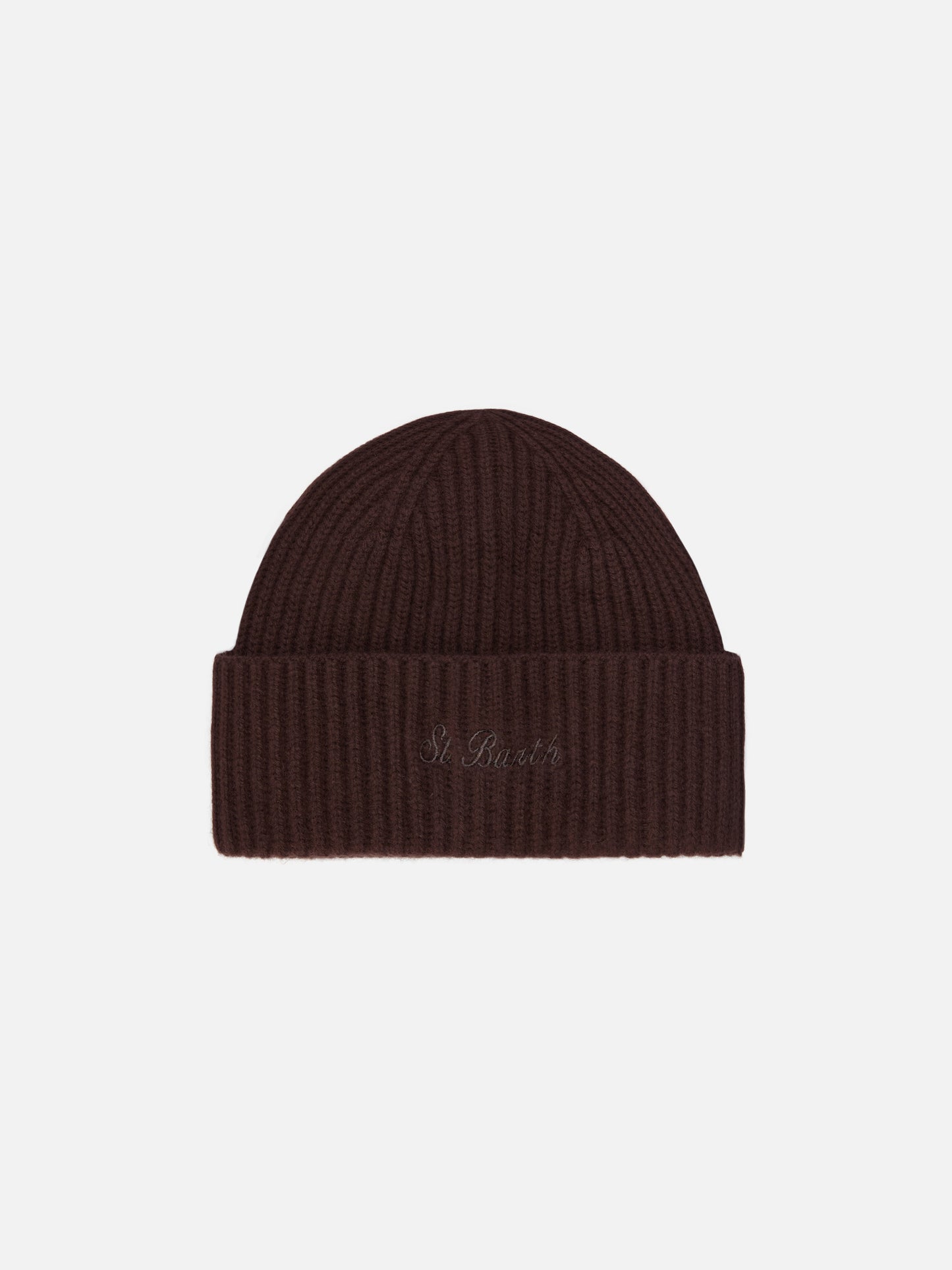 Moss Beanie in brown ribbed knit with St. Barth embroidery