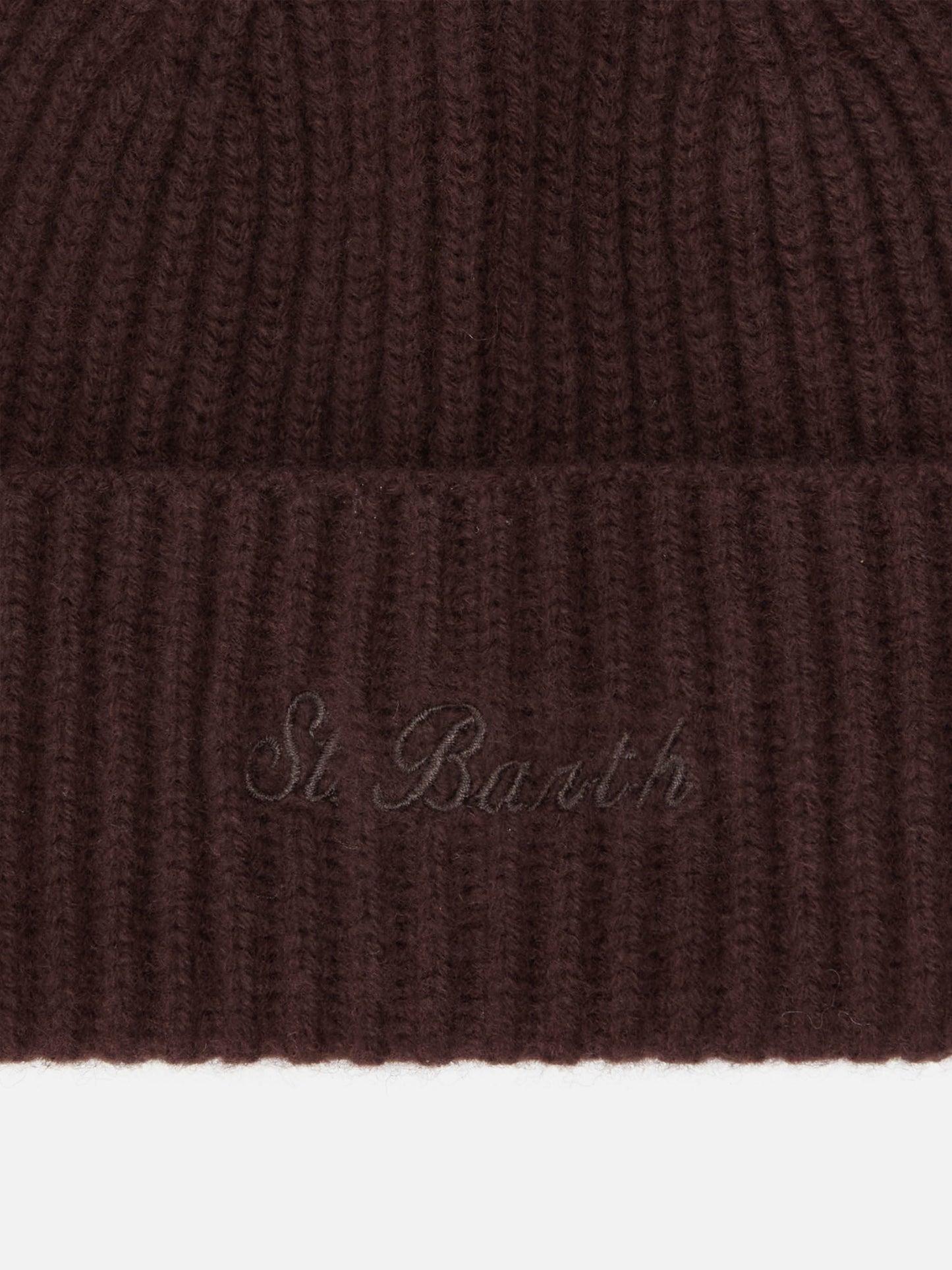 Moss Beanie in brown ribbed knit with St. Barth embroidery
