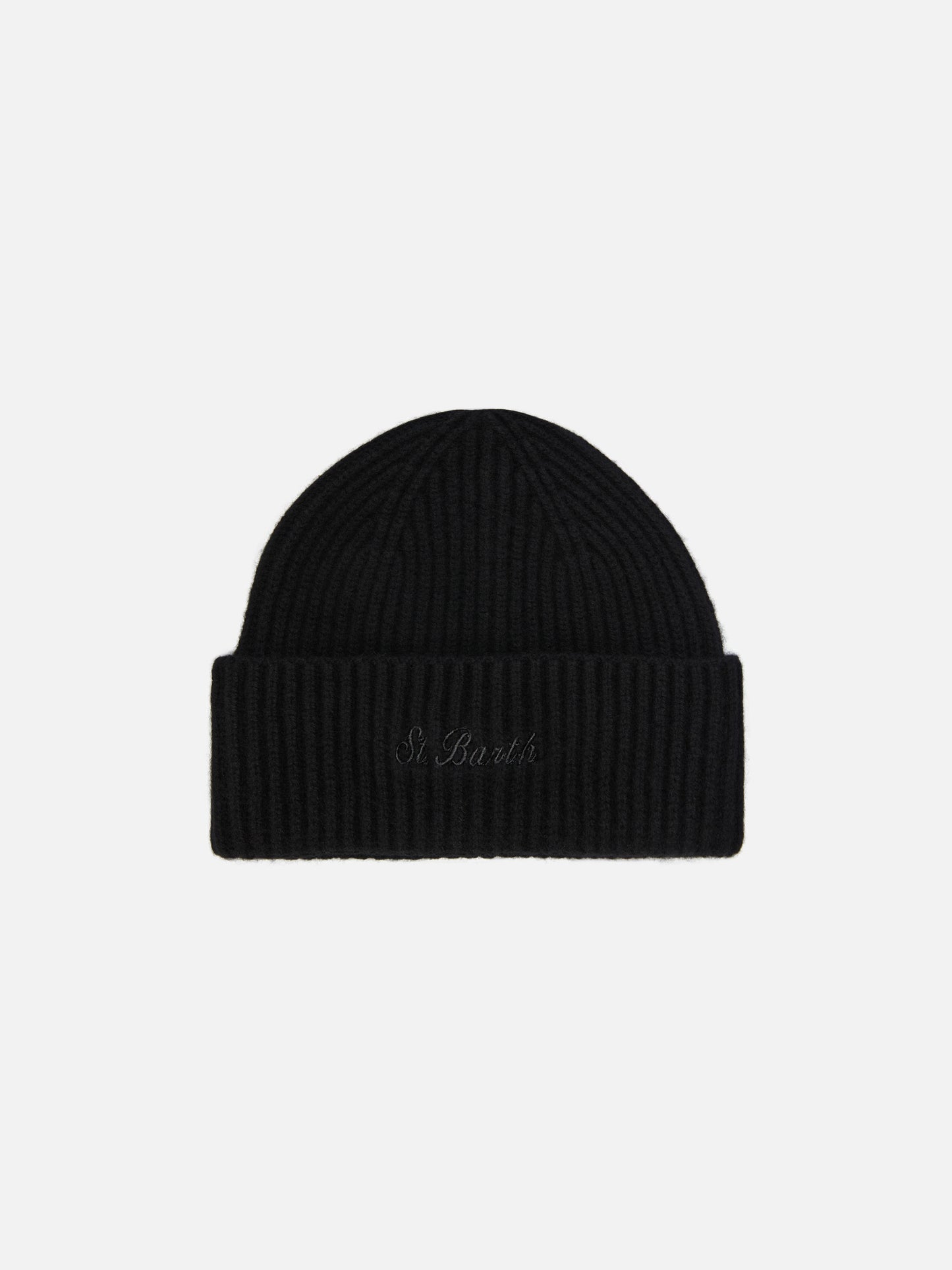 Berretto Moss in maglia nera a coste con ricamo St. Barth