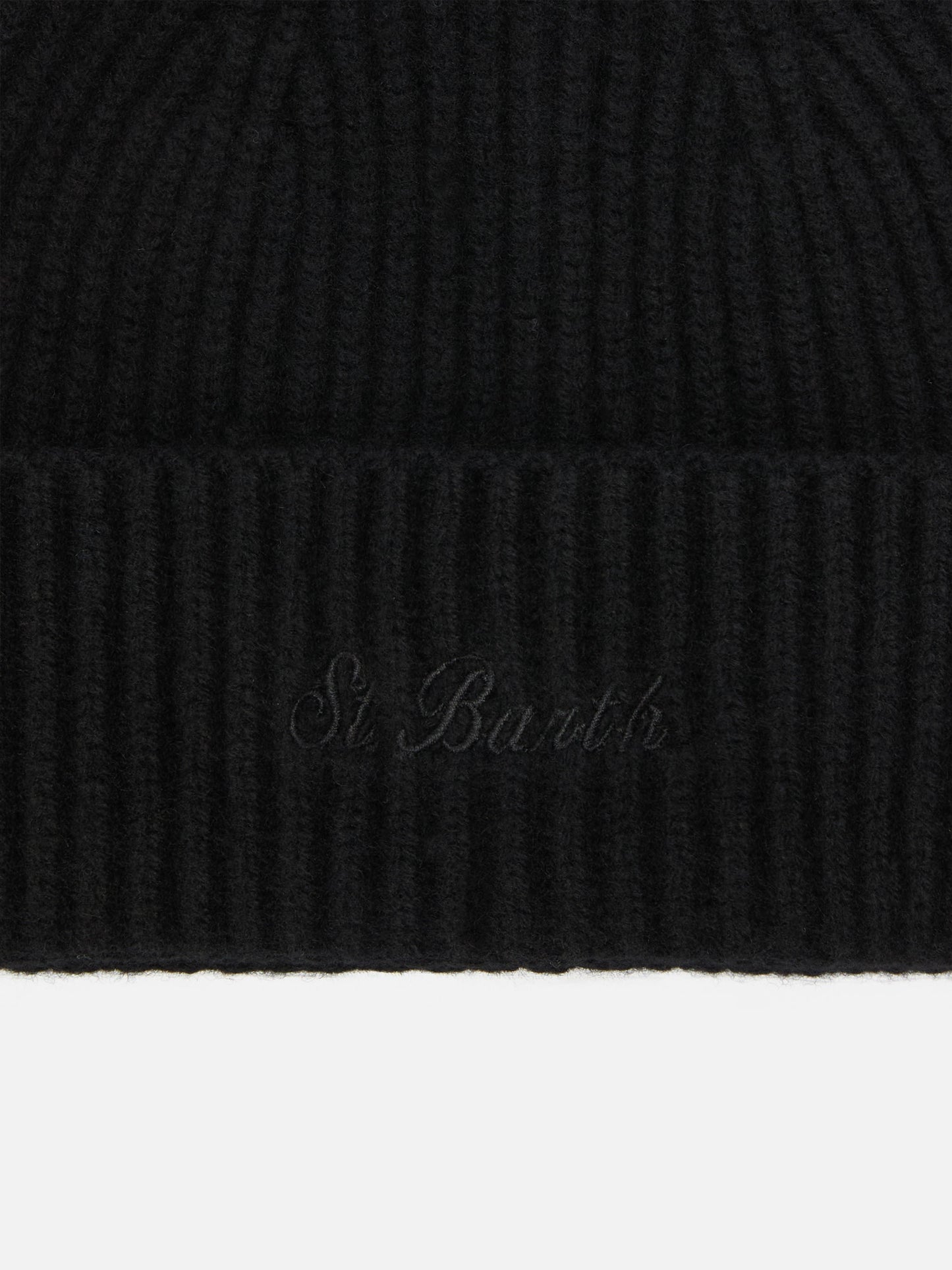 Berretto Moss in maglia nera a coste con ricamo St. Barth