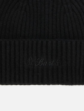 Berretto Moss in maglia nera a coste con ricamo St. Barth