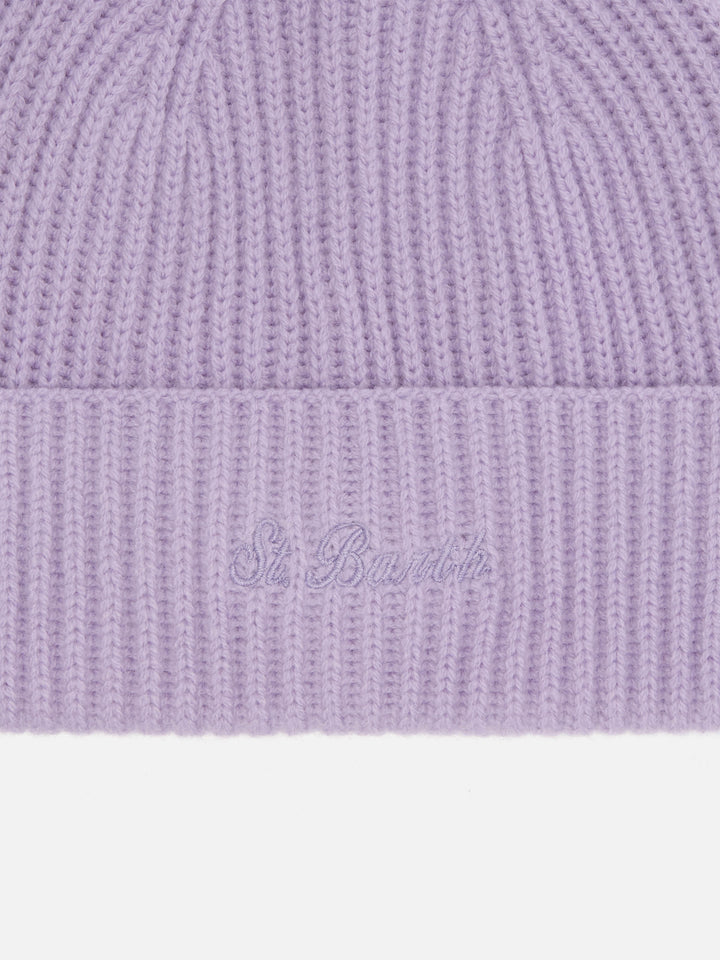 Berretto Moss in maglia lilla a coste con ricamo St. Barth