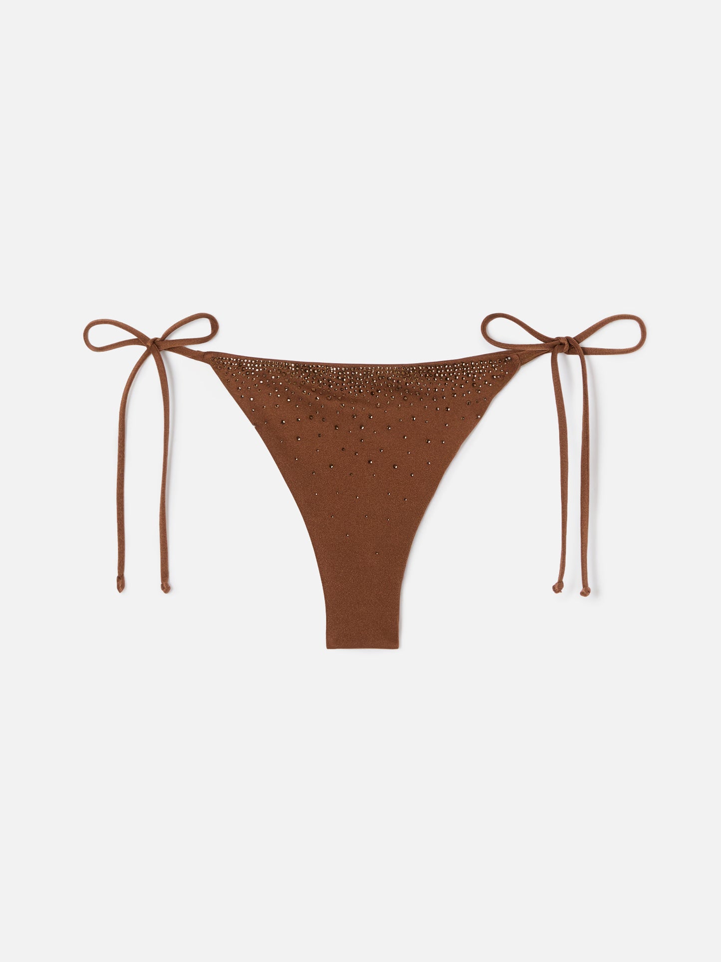 Marielle brazilian bikini bottoms in brown glossy-finish fabric with rhinestones