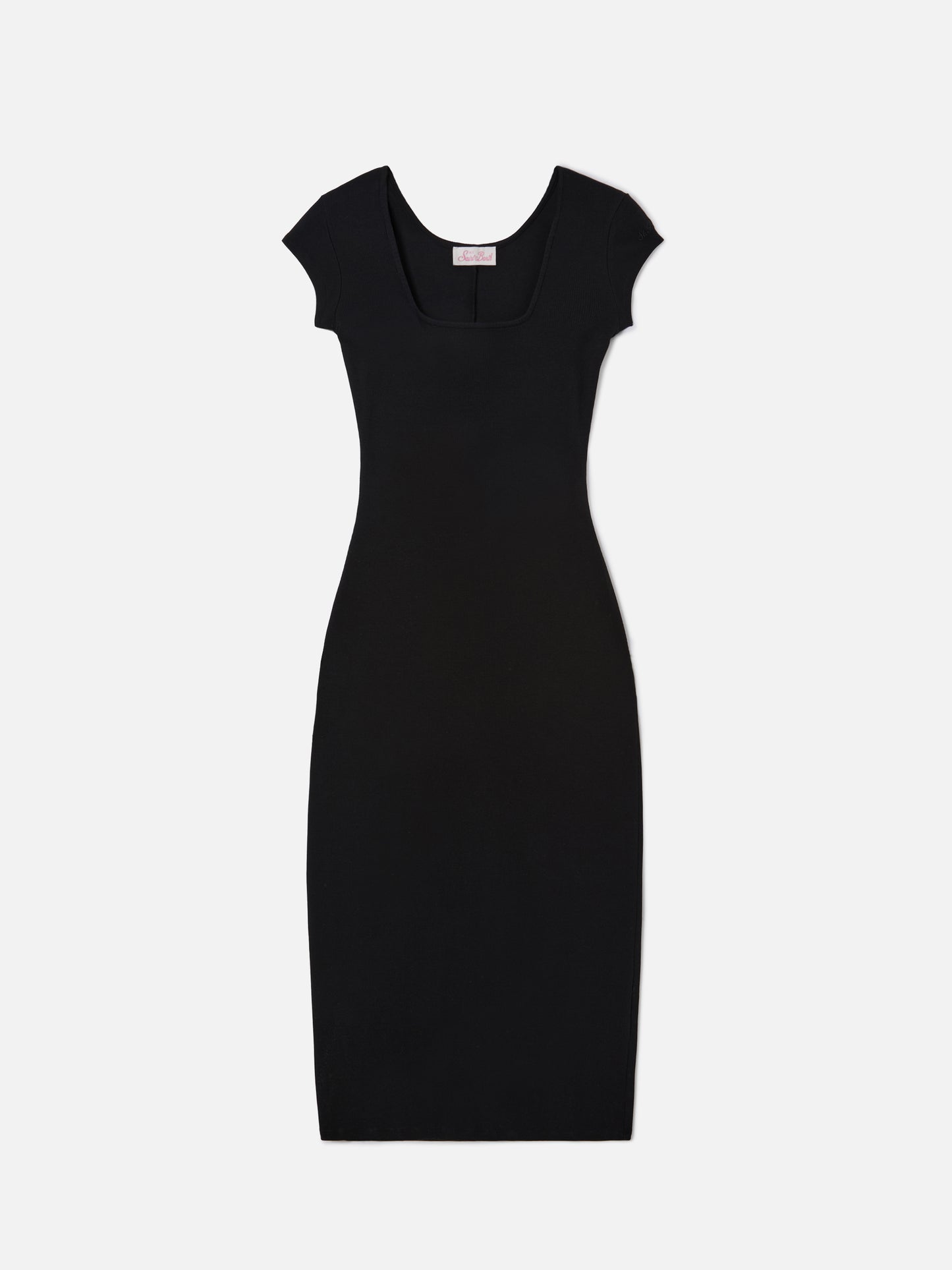 Langes Olimpia-Kleid aus schwarzem geripptem Stretch-Baumwollstoff