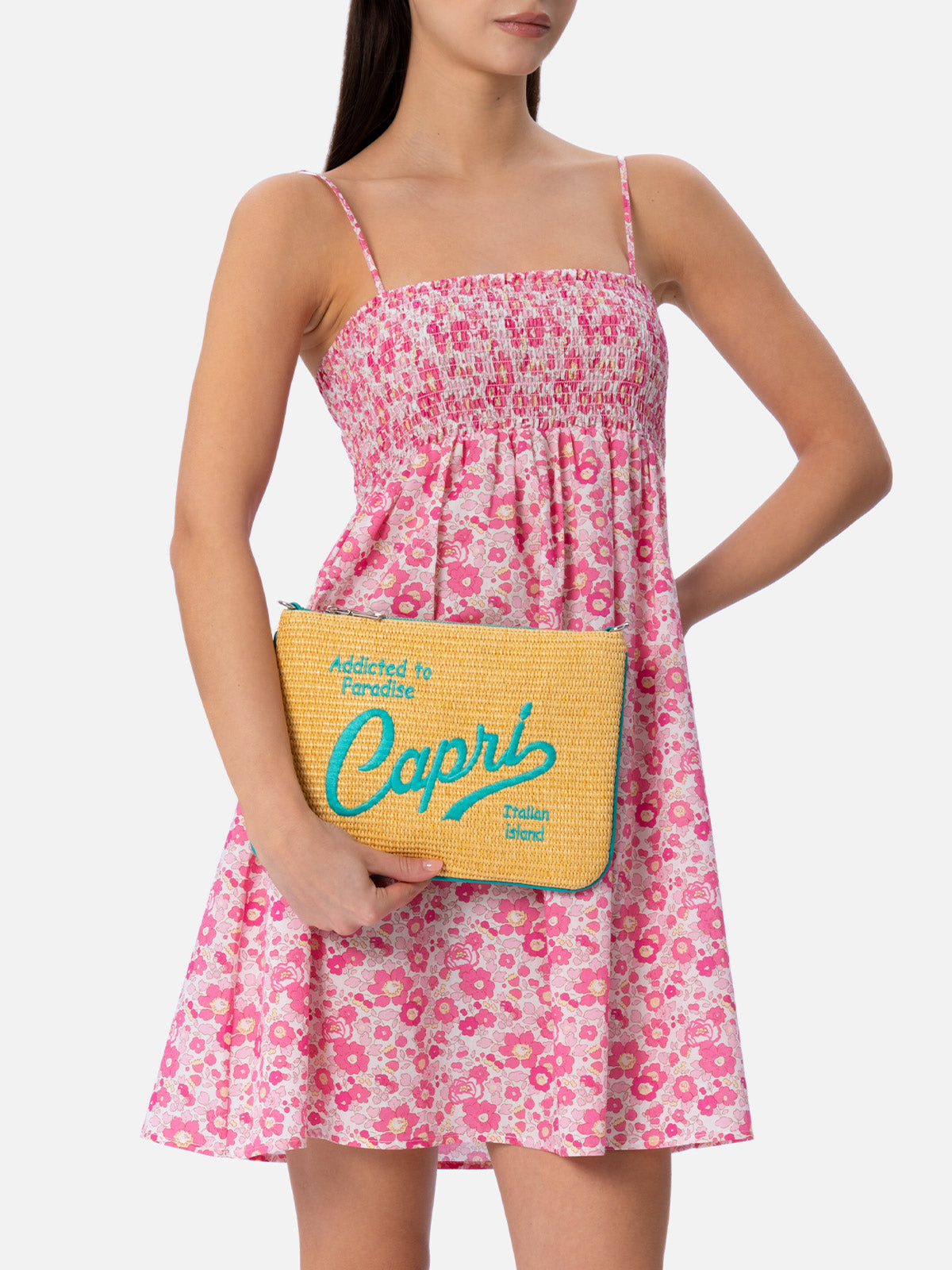 Pouch Parisienne in paglia con ricamo Capri