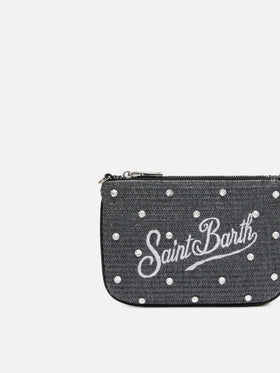 Black Parisienne Straw mini pouch bag with rhinestone embellishment - MC2 Saint Barth