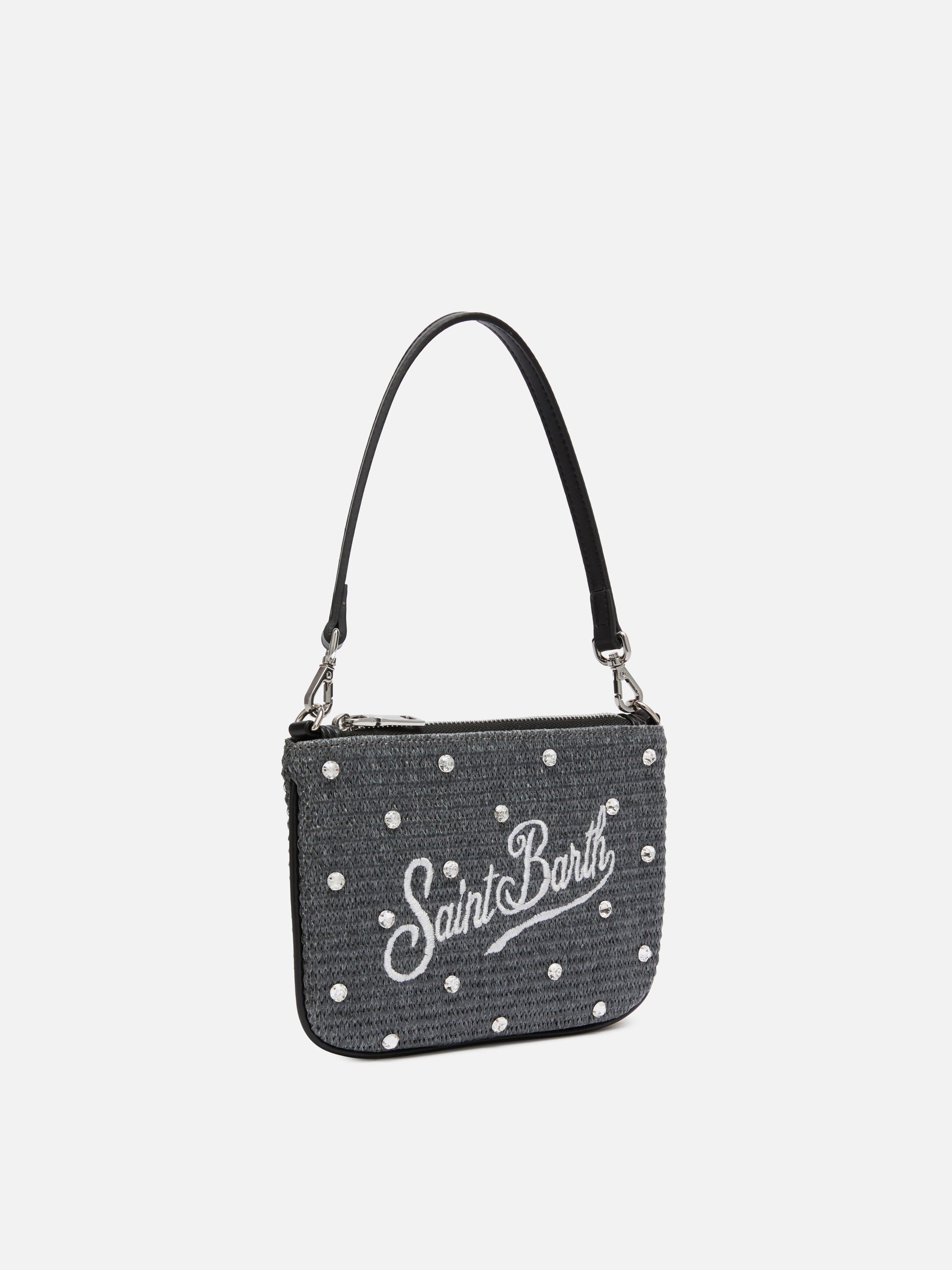 Black Parisienne Straw mini pouch bag with rhinestone embellishment - MC2 Saint Barth