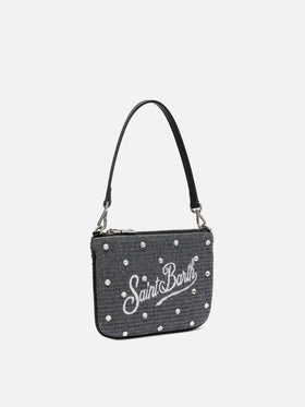 Black Parisienne Straw mini pouch bag with rhinestone embellishment - MC2 Saint Barth