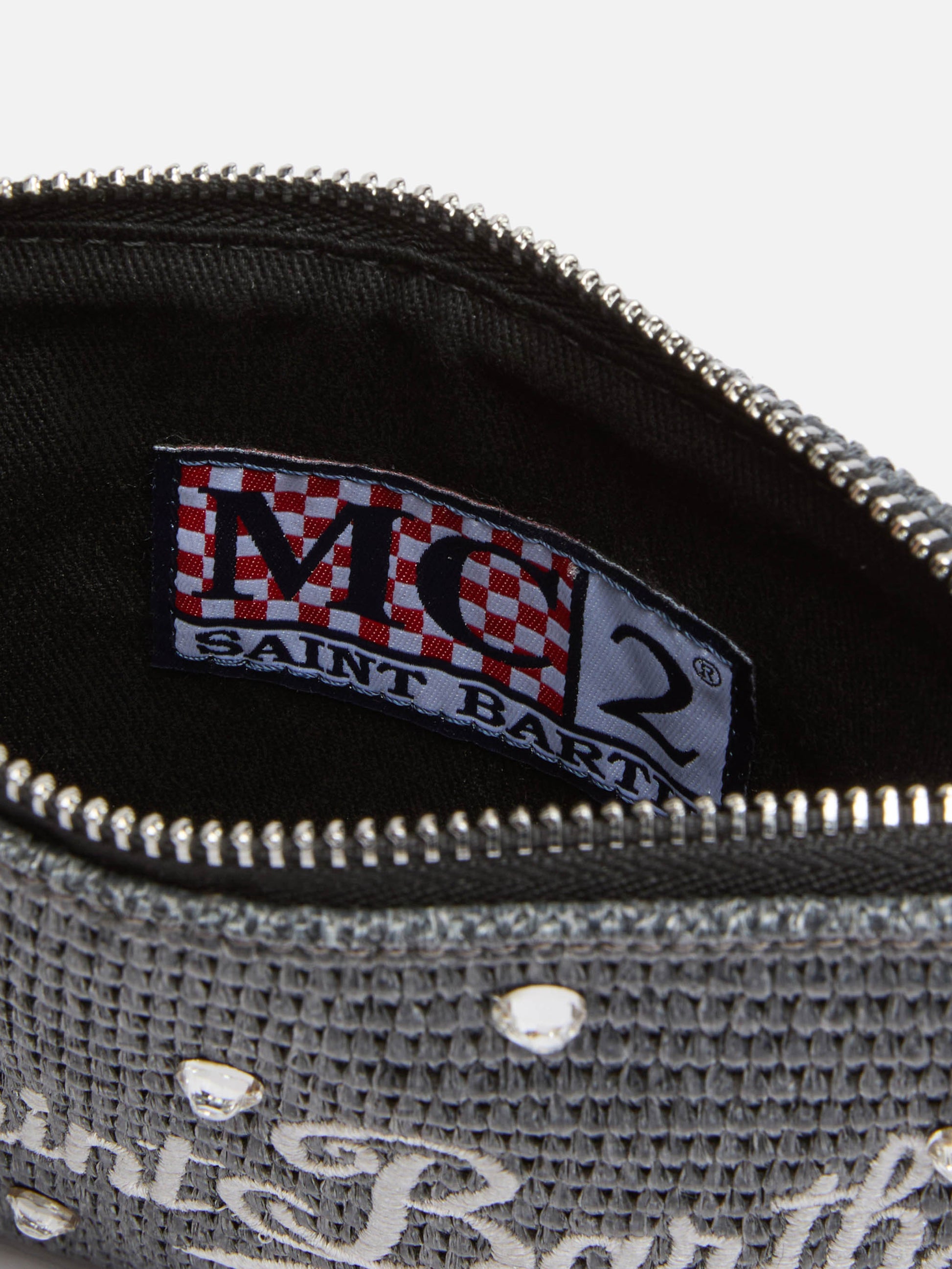 Black Parisienne Straw mini pouch bag with rhinestone embellishment - MC2 Saint Barth