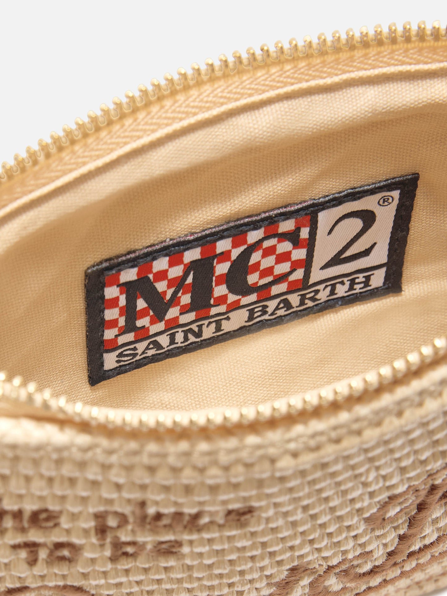Mini Parisienne straw effect pouch with brown logo embroidery