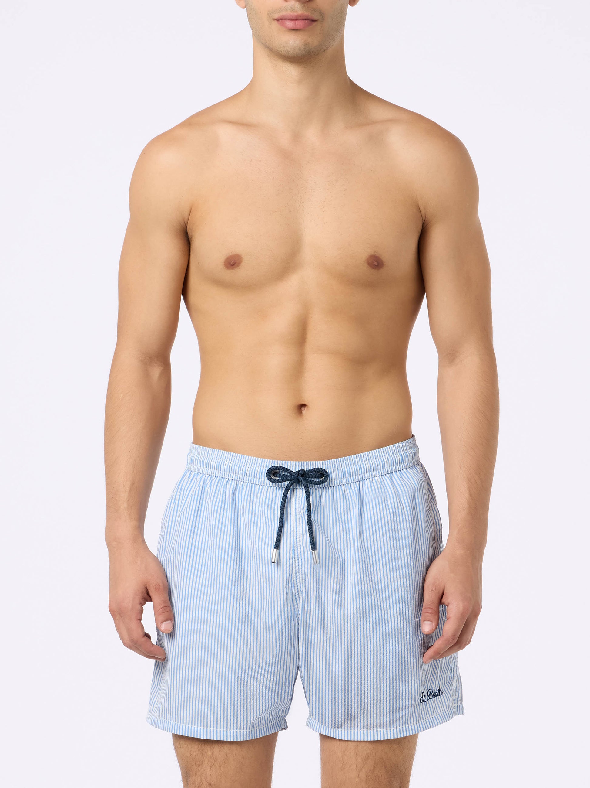 Seersucker light blue striped swim shorts Patmos - MC2 Saint Barth