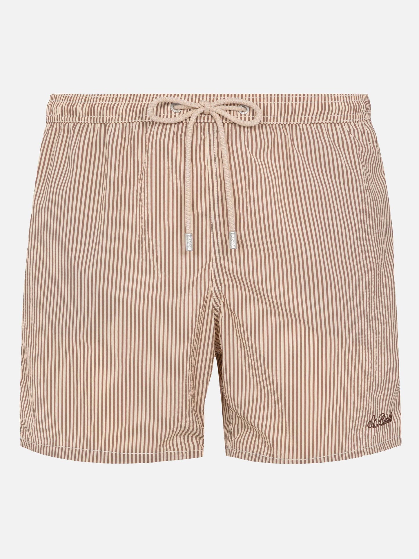 Seersucker beige striped classic light swim shorts Patmos - MC2 Saint Barth