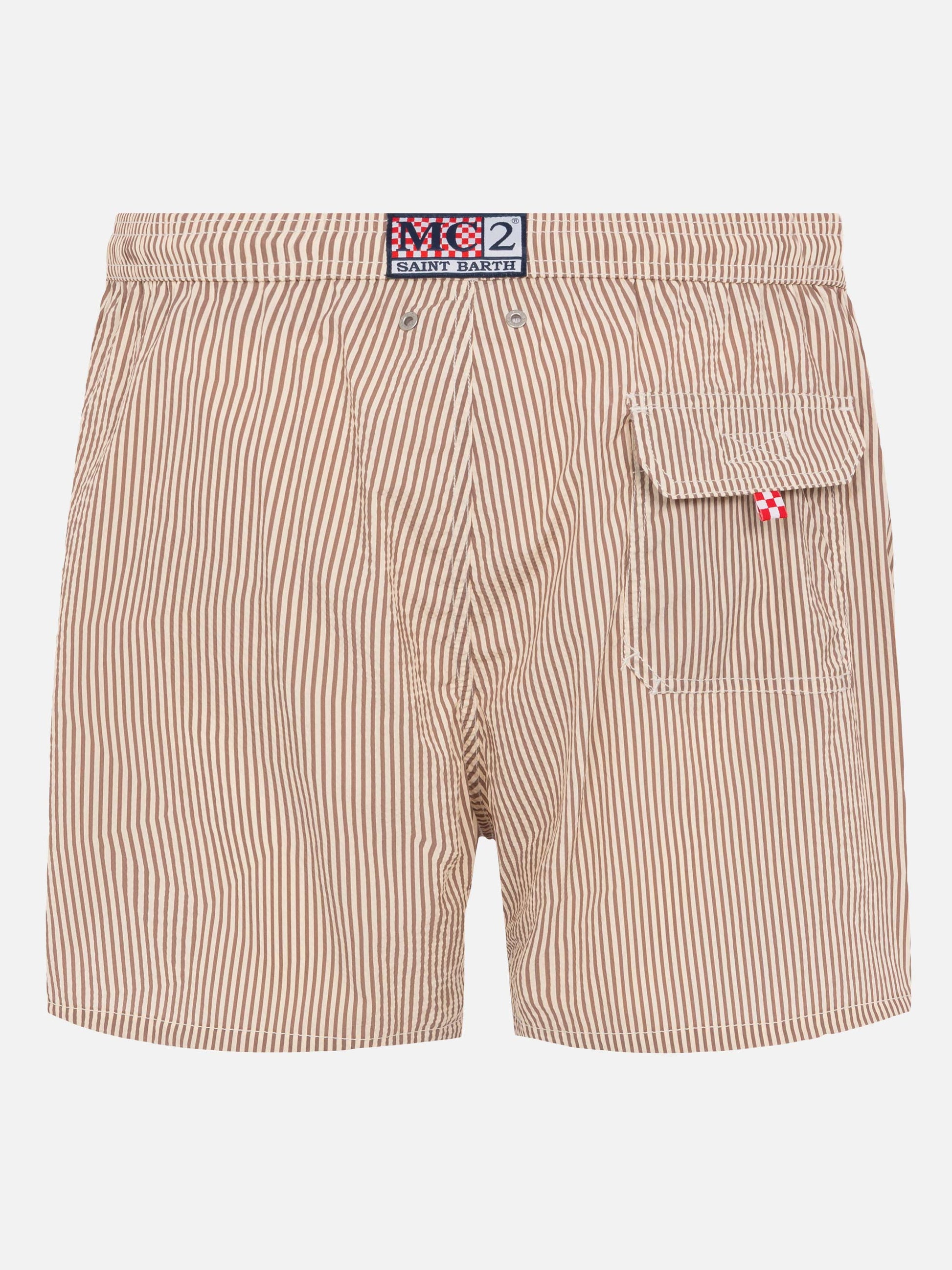 Seersucker beige striped classic light swim shorts Patmos - MC2 Saint Barth