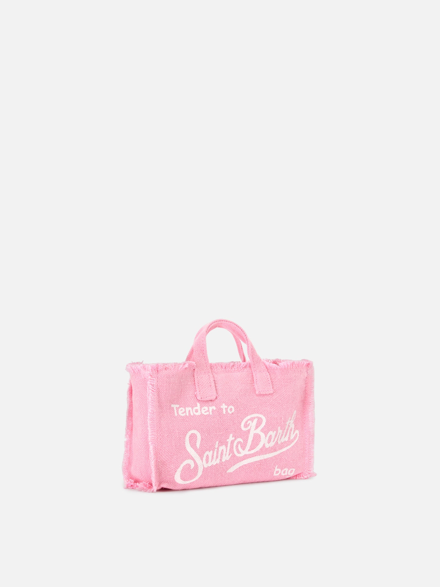 Mikro Phone Bag aus einfarbigem rosa Leinen mit kontrastierendem Logo