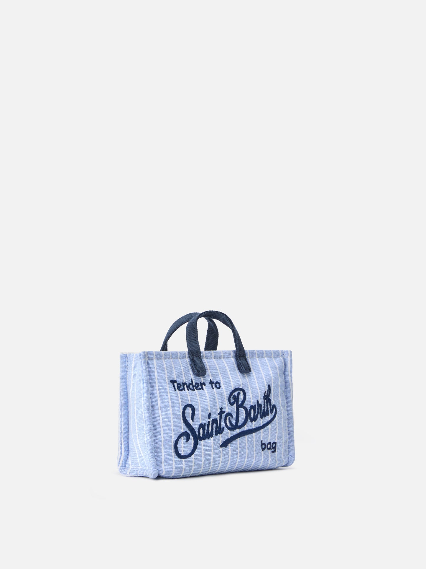 Micro Phone Canvas-Tasche mit weißen und hellblauen Streifen und kontrastierendem Logo