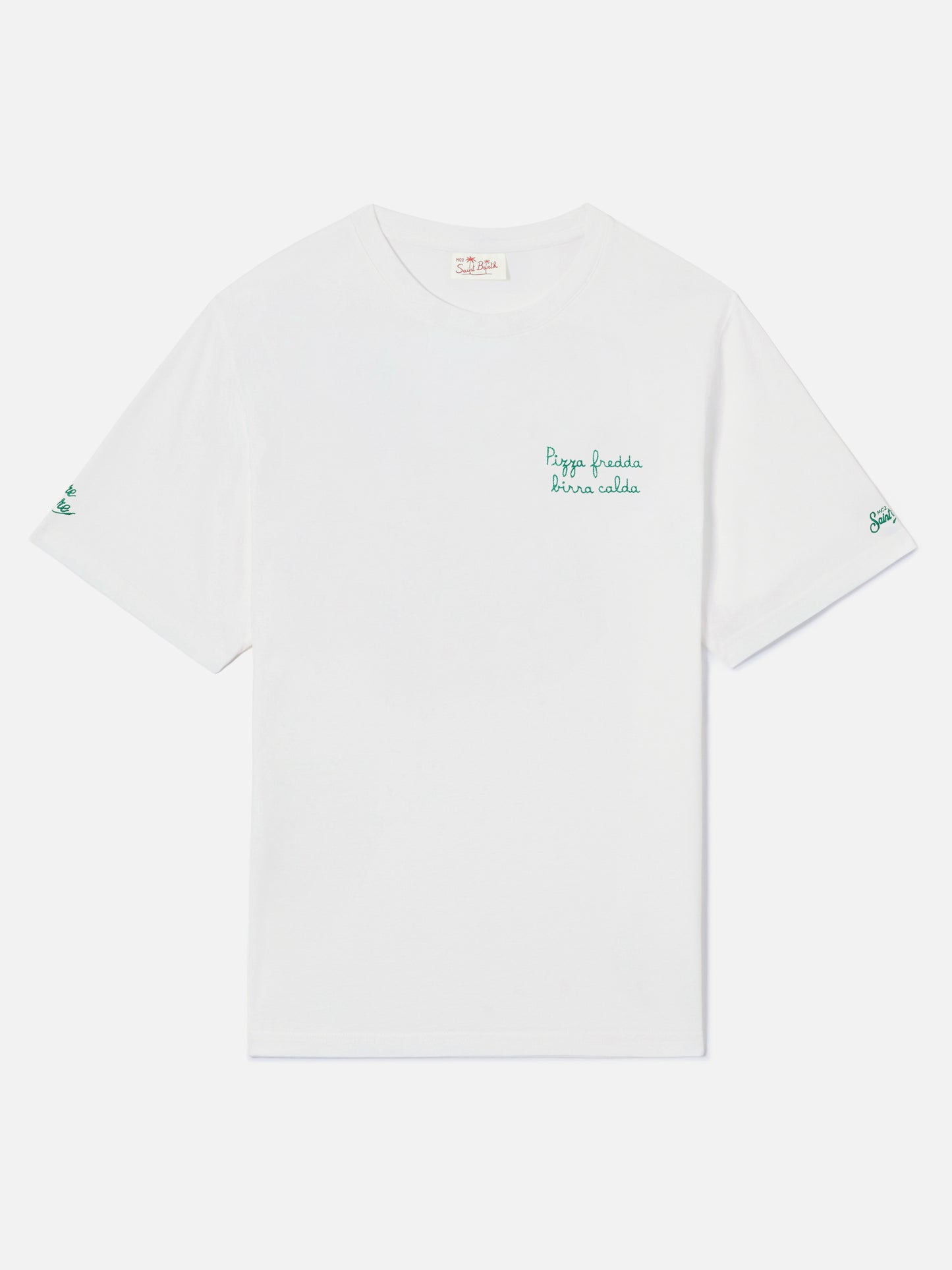 T-shirt Portofino bianca con ricamo Pizza Fredda Birra Calda