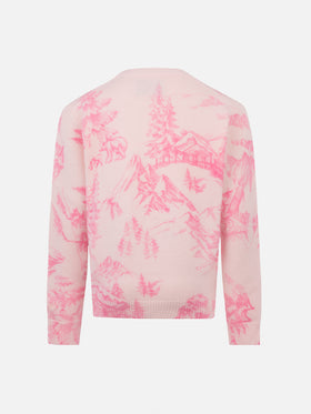 Girl pink crewneck sweater Princess with toile de jouy print and Snow Princess embroidery - MC2 Saint Barth