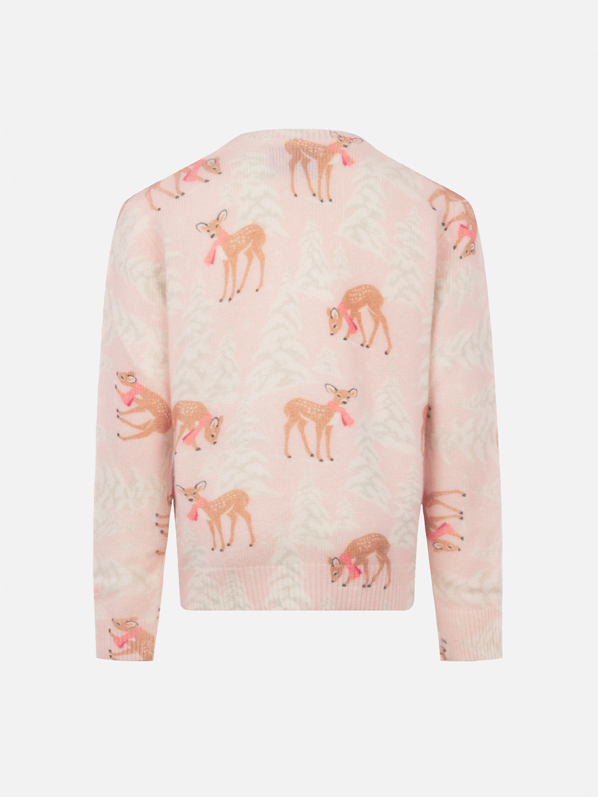 Girl pink crewneck sweater Princess with pines fawn print and Winter Lover embroidery - MC2 Saint Barth