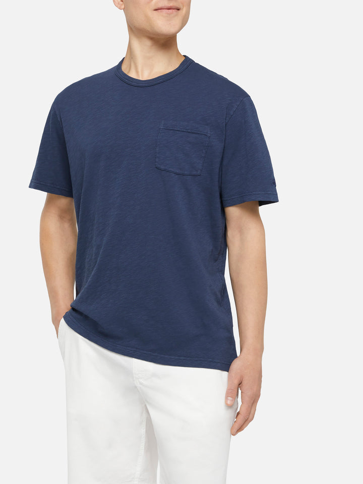 T-shirt Man President in cotone fiammato blu navy con ricamo