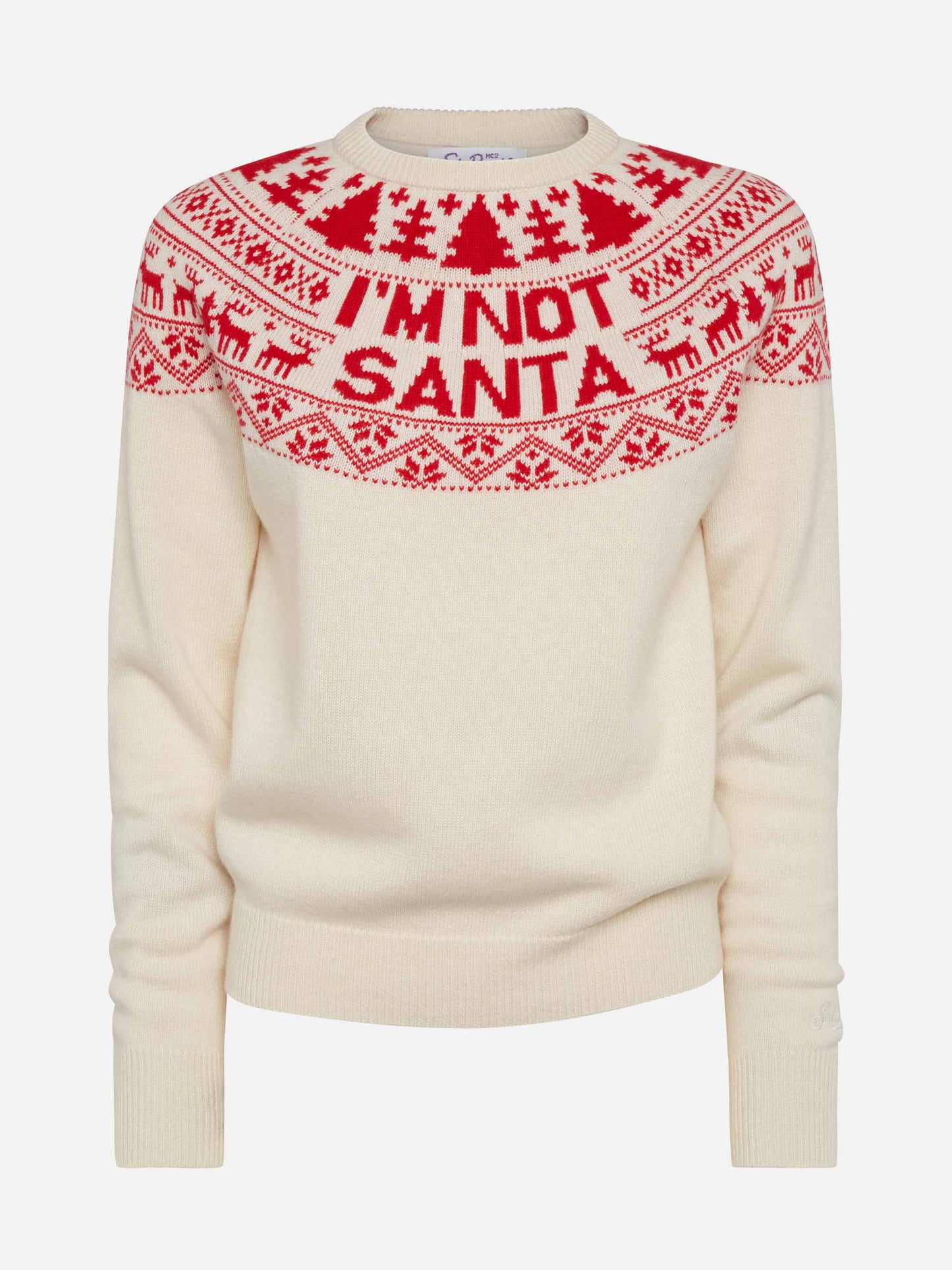Weißer Pullover New Queen mit I’m not Santa Jacquard