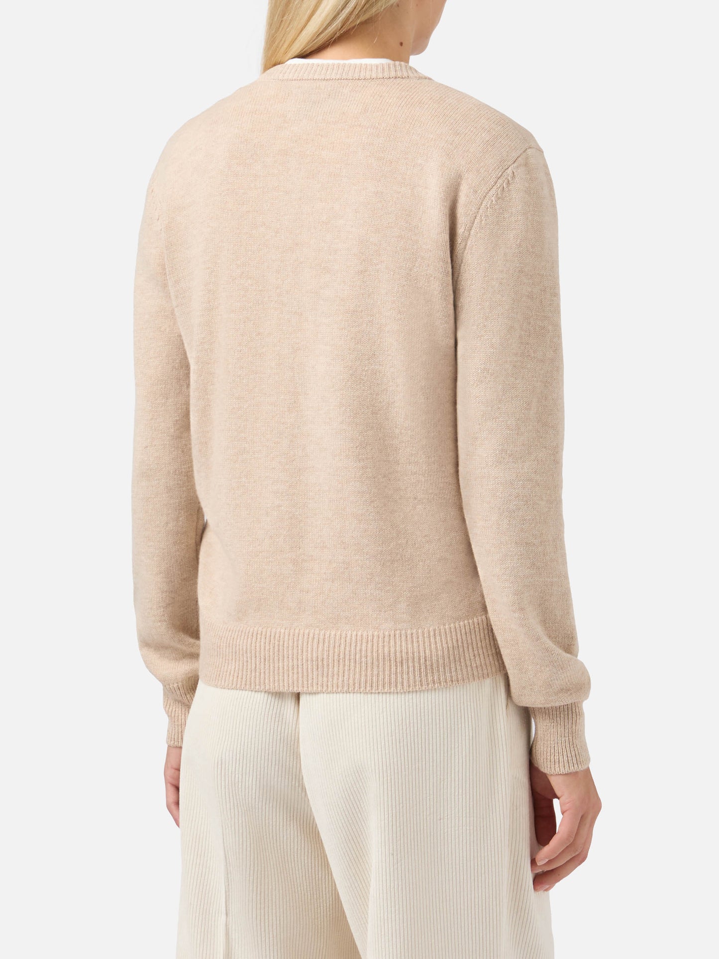 Maglione New Queen in misto cashmere beige con jacquard cartolina Courma