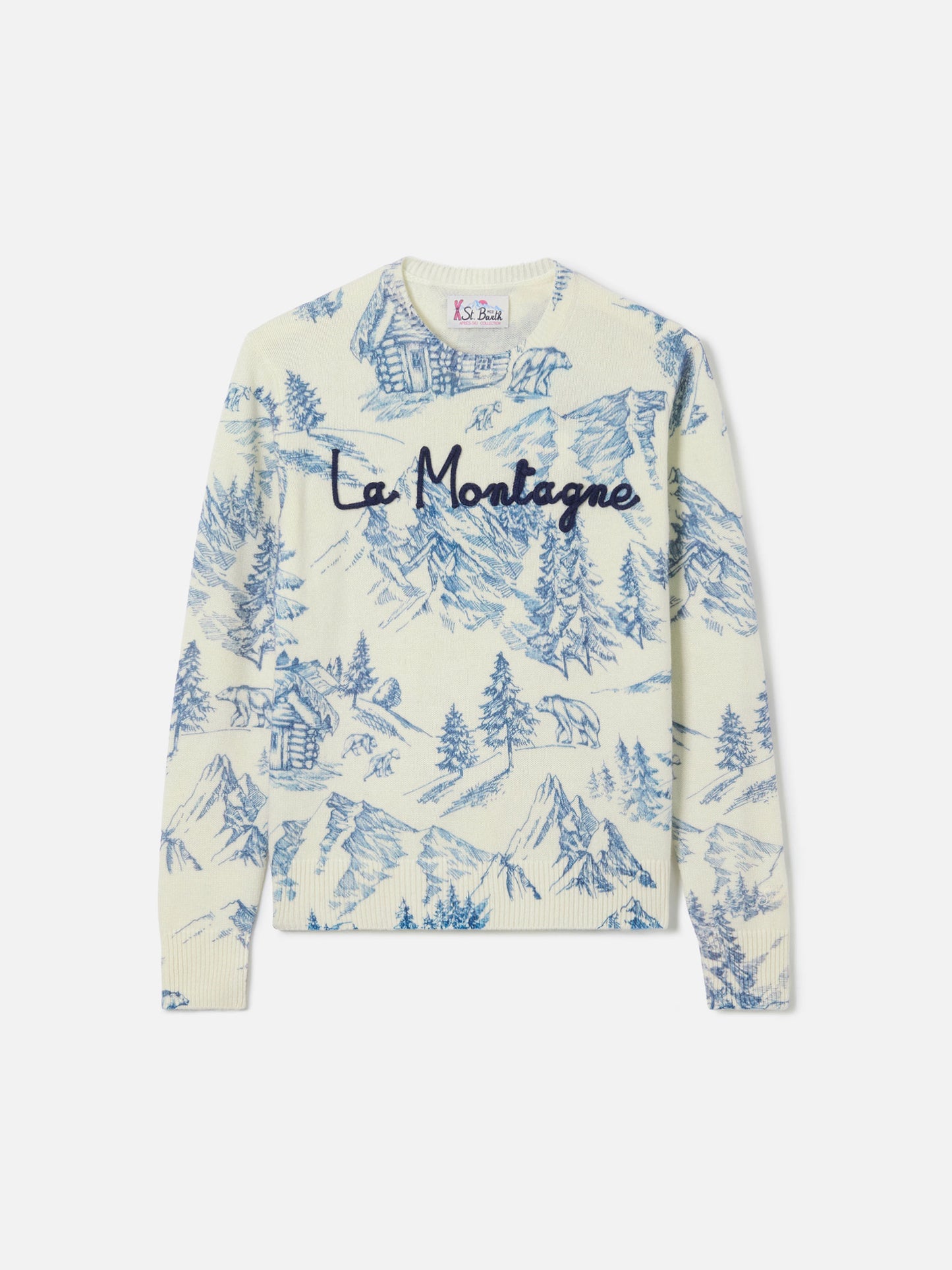 Woman white sweater New Queen with toile de jouy print and La Montagne embroidery
