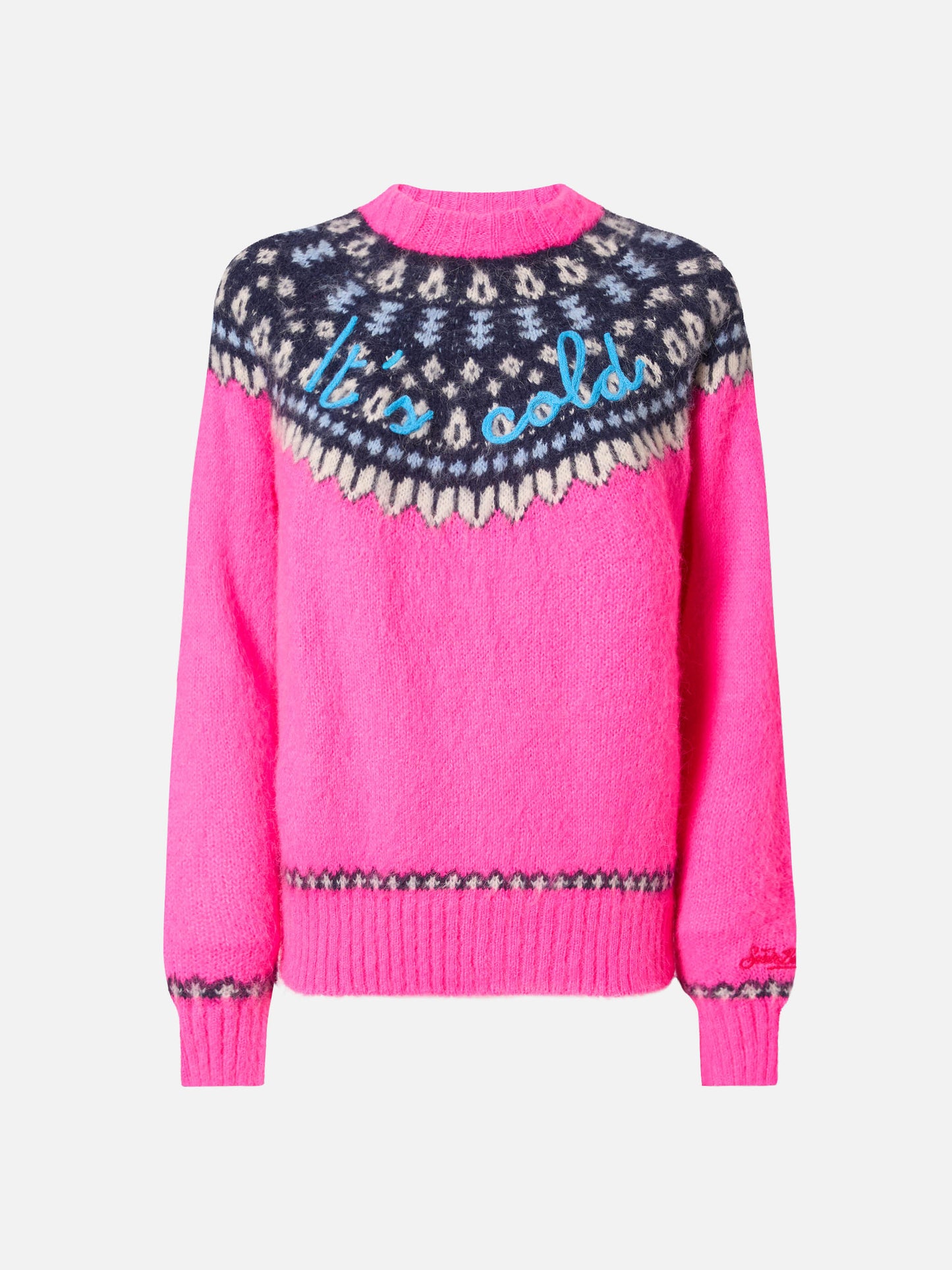 Neonpinkes Rundhals-Shirt „New Queen Nordic Soft“ mit Fair-Isle-Jacquardmuster und „It's Cold“-Stickerei