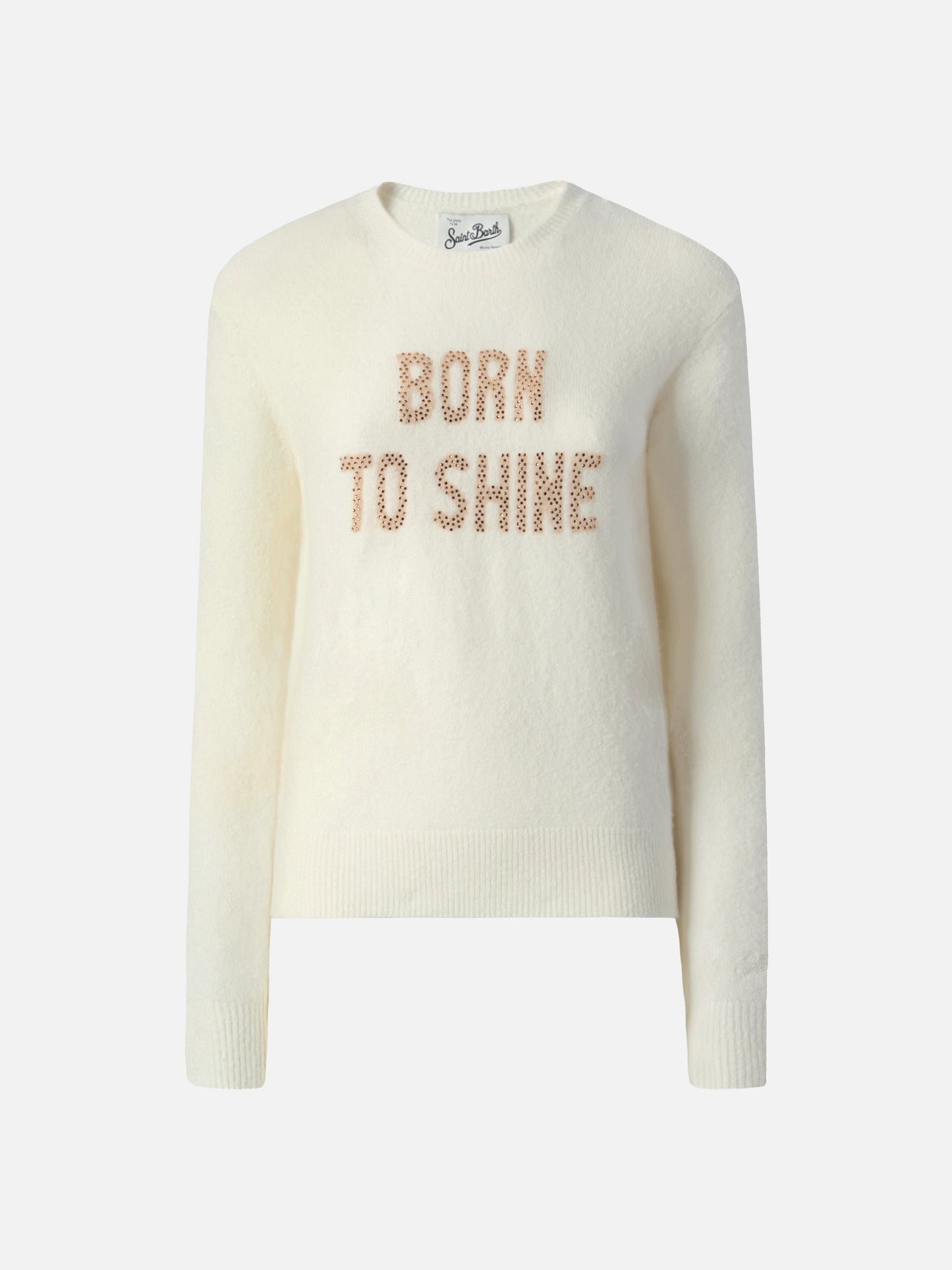 New Queen stretch sweater in merino-wool and alpaca blend in white with Born to Shine rhinestone appliqué